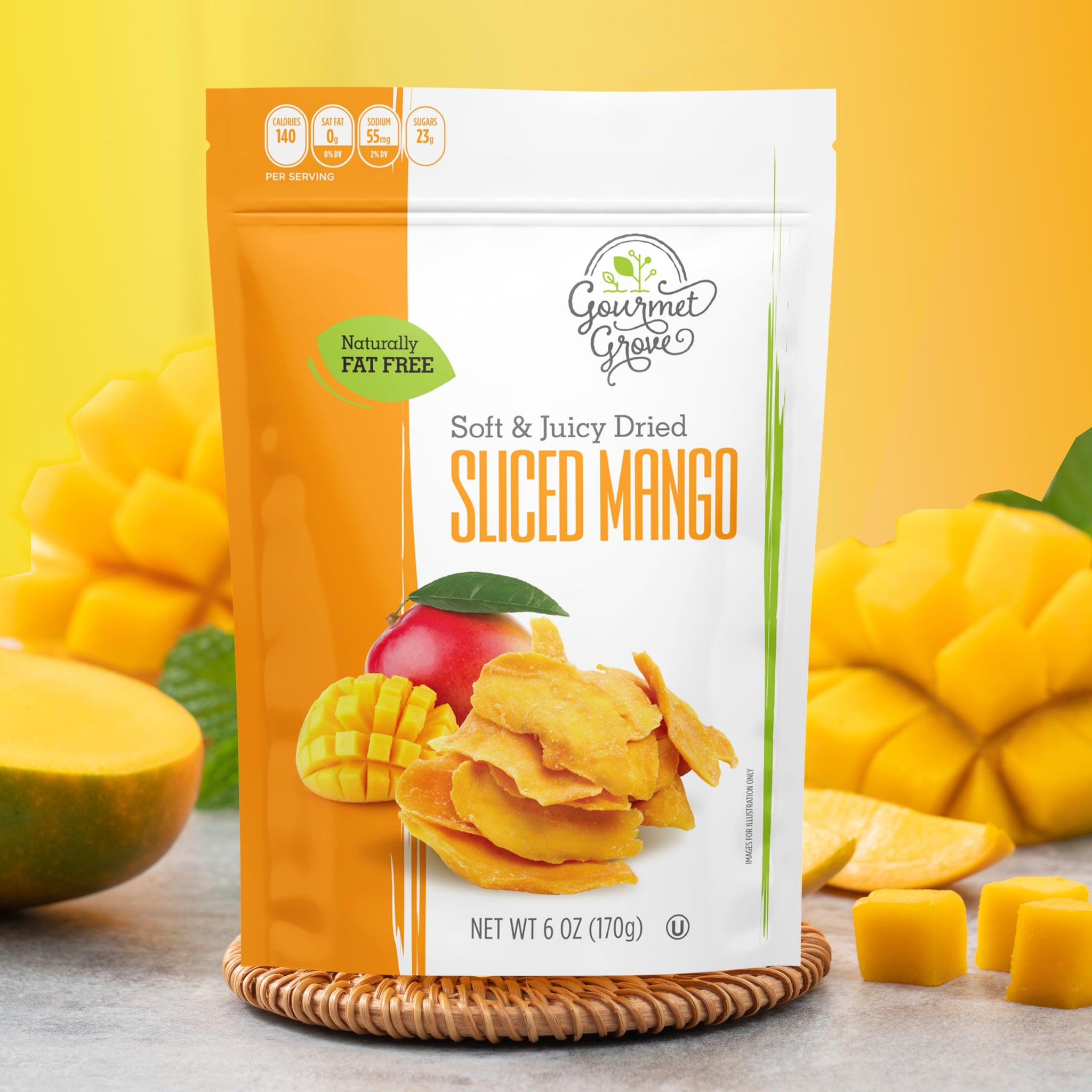 Gourmet Grove - Sliced Mango 6 oz Snack Packs | Soft, Juicy, Natural Dried Mango Slices | Lightly Sweetened (Pack of 12)