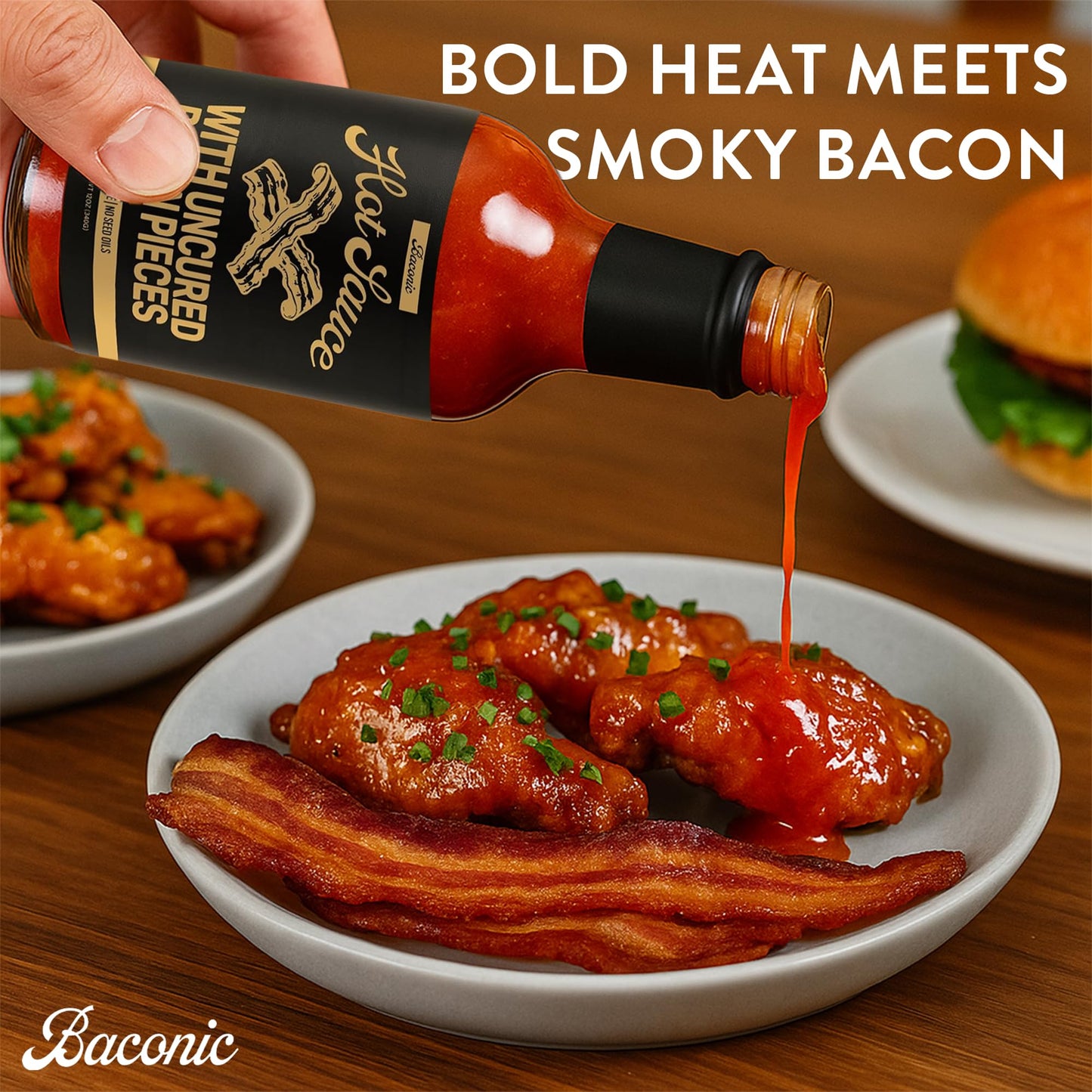 Baconic Bacon Infused Hot Sauce with Real Bacon Bits - Spicy, Zero Sugar, Keto-Friendly, No Seed Oils - Bold Flavor in 12oz Glass Bottle - Perfect