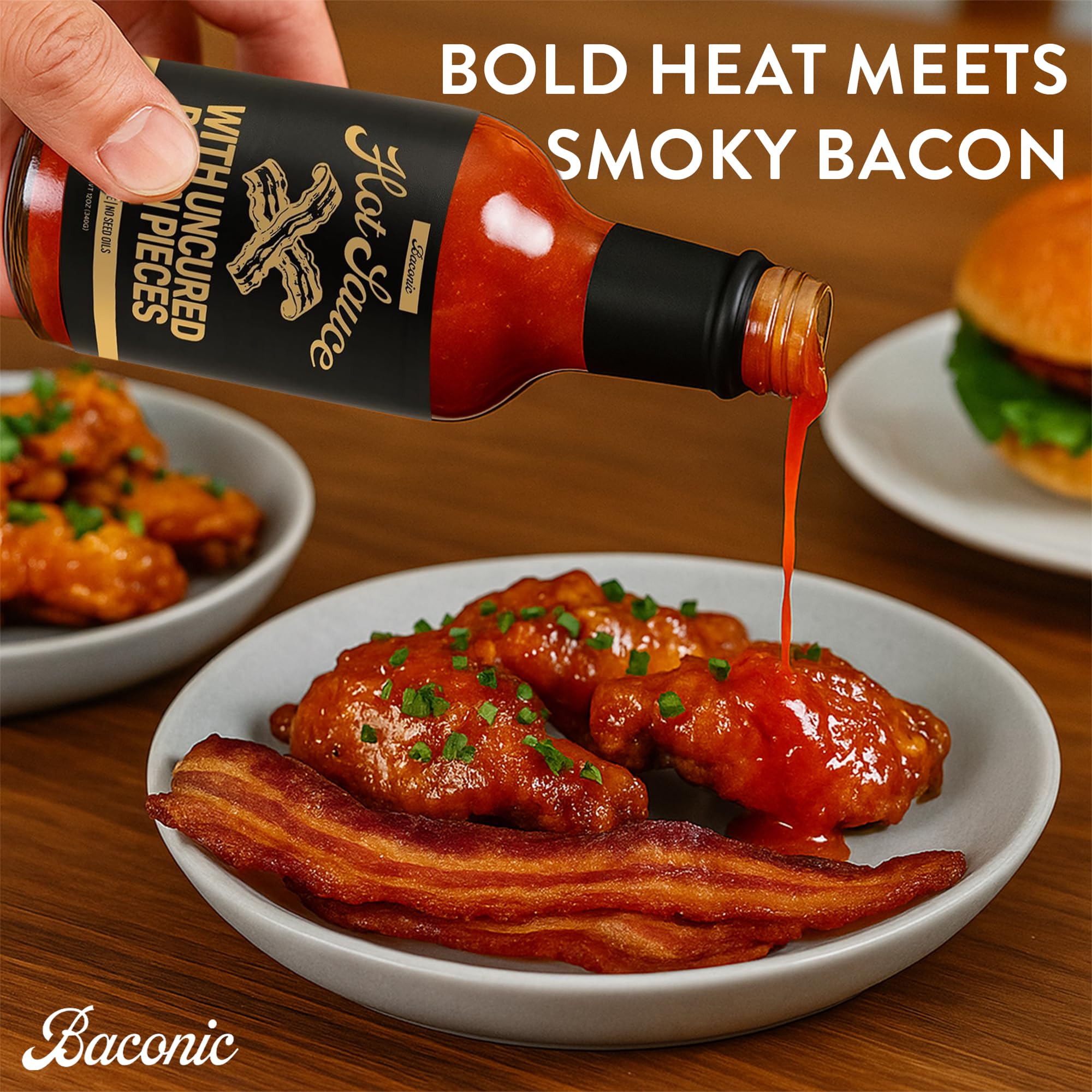 Baconic Bacon Infused Hot Sauce with Real Bacon Bits - Spicy, Zero Sugar, Keto-Friendly, No Seed Oils - Bold Flavor in 12oz Glass Bottle - Perfect