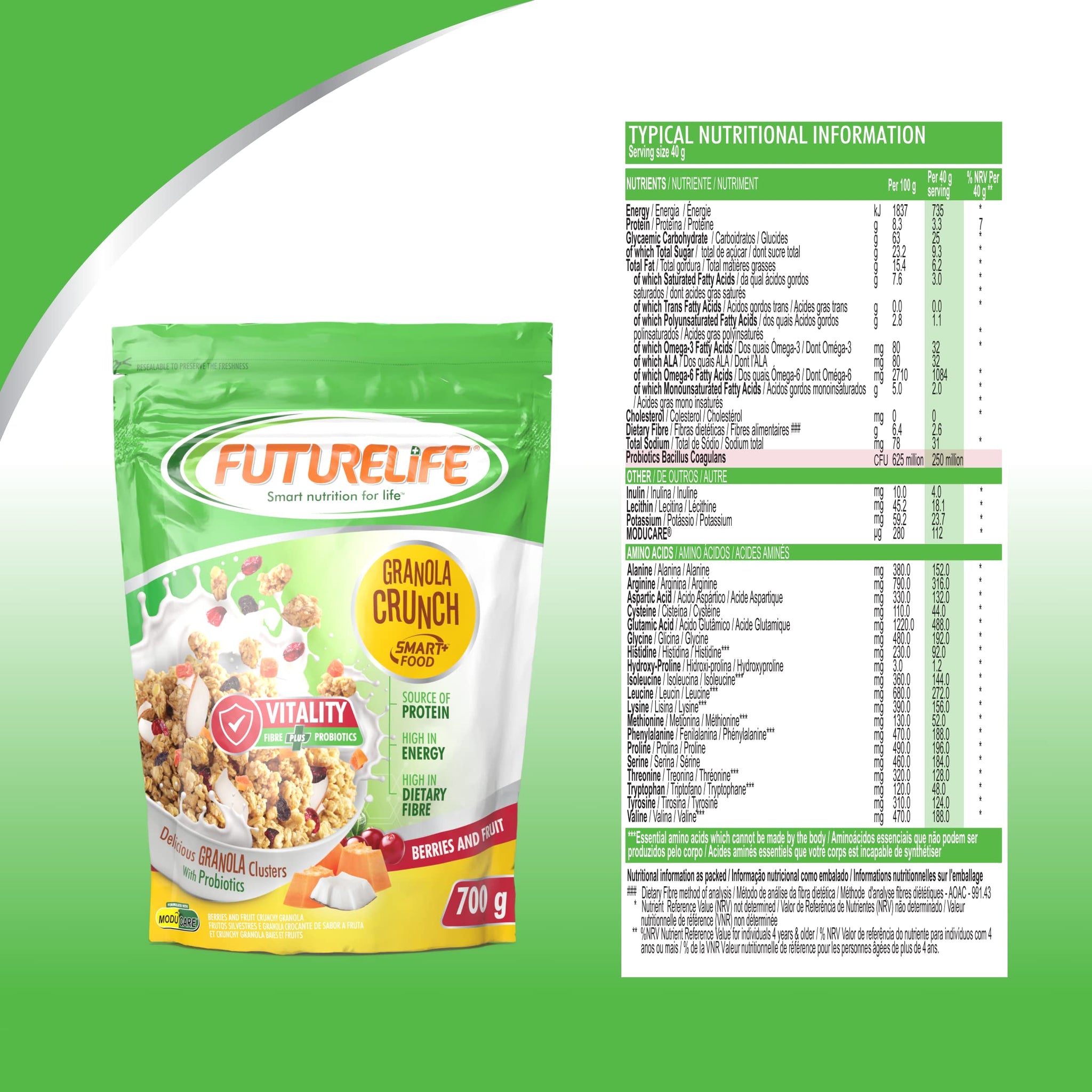 FUTURELIFE Smart Food Crunch Granola | 700g/24.7oz | 7g Protein | High Energy | Contains Probiotics | Rolled Oats | High In Dietary Fiber | Berries