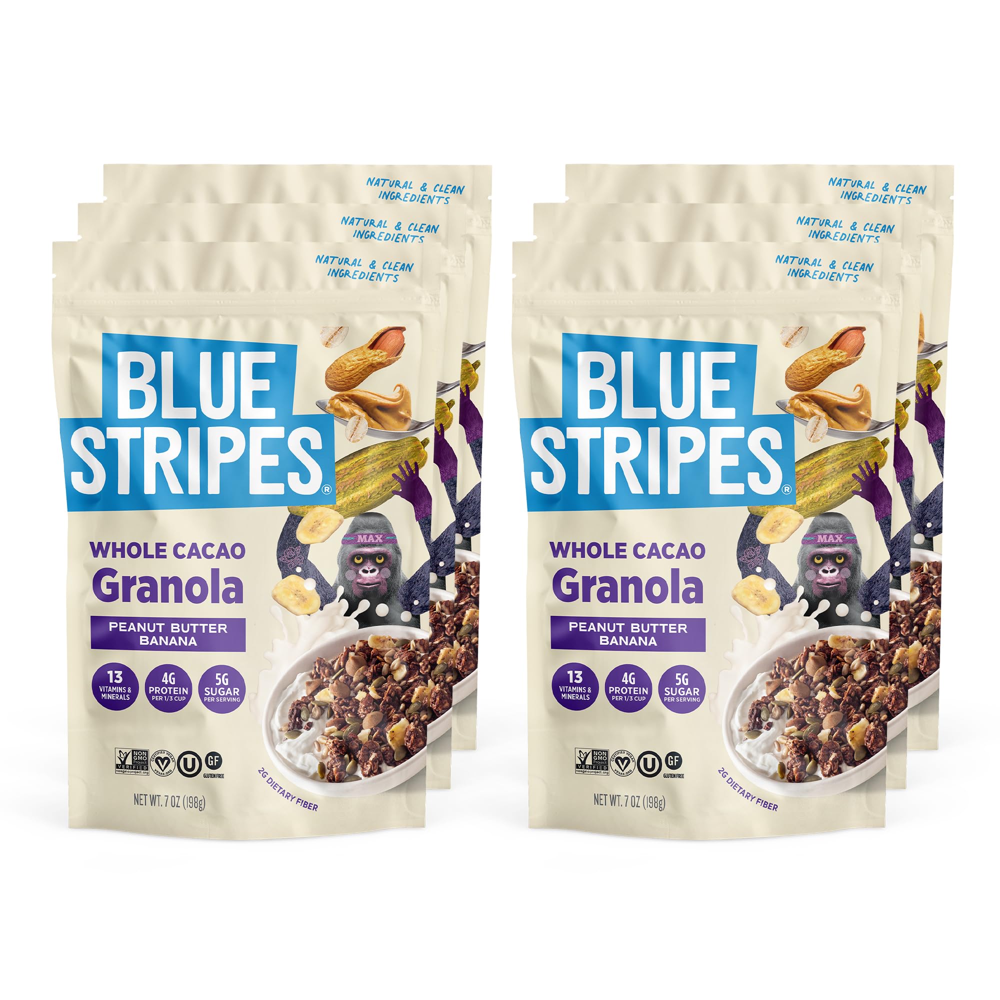 Blue Stripes Whole Cacao Granola - Gluten Free Dark Chocolate Granola for Cereal, Oatmeal, Yogurt, 5g Protein Per Serving, Source of Fiber, Vegan, Low
