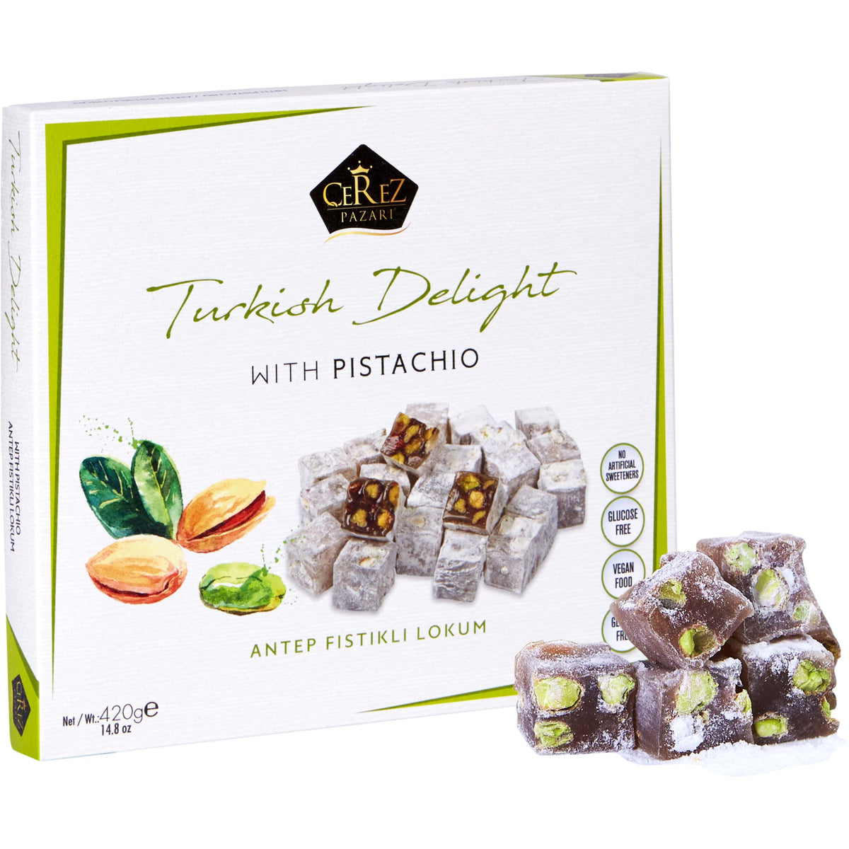 Cerez Pazari Turkish Delight Pistachio Candy Gourmet Premium Vegan Sweets Medium Gift Box 420g | Sweet Luxury Traditional Confectionery Soft Candy