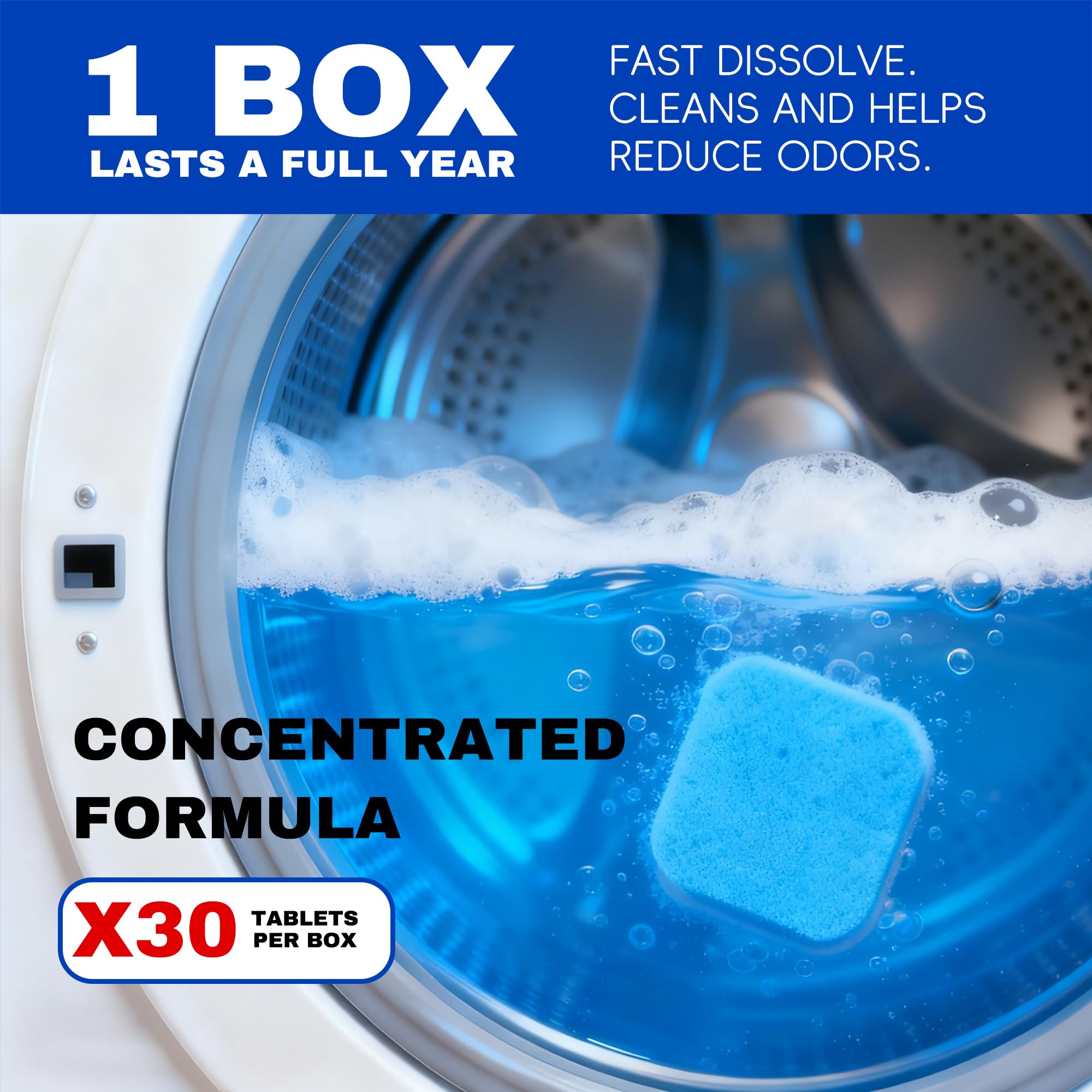 Ribub Washing Machine Cleaner Tablets, 30 Pack Deep Cleaning for HE & Top Load Washers, Septic Safe, Helps Reduce Odor-Causing Residue, Supports Drum