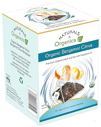 Naturals-n-Organics Organic Bergamot Citrus Earl Grey Tea with Natural Italian Bergamot Oil for Autophagy and Detox, 24 Bio-degradable Pyramid Tea