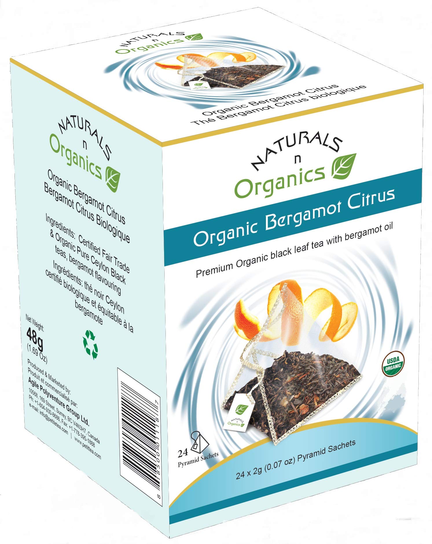 Naturals-n-Organics Organic Bergamot Citrus Earl Grey Tea with Natural Italian Bergamot Oil for Autophagy and Detox, 24 Bio-degradable Pyramid Tea
