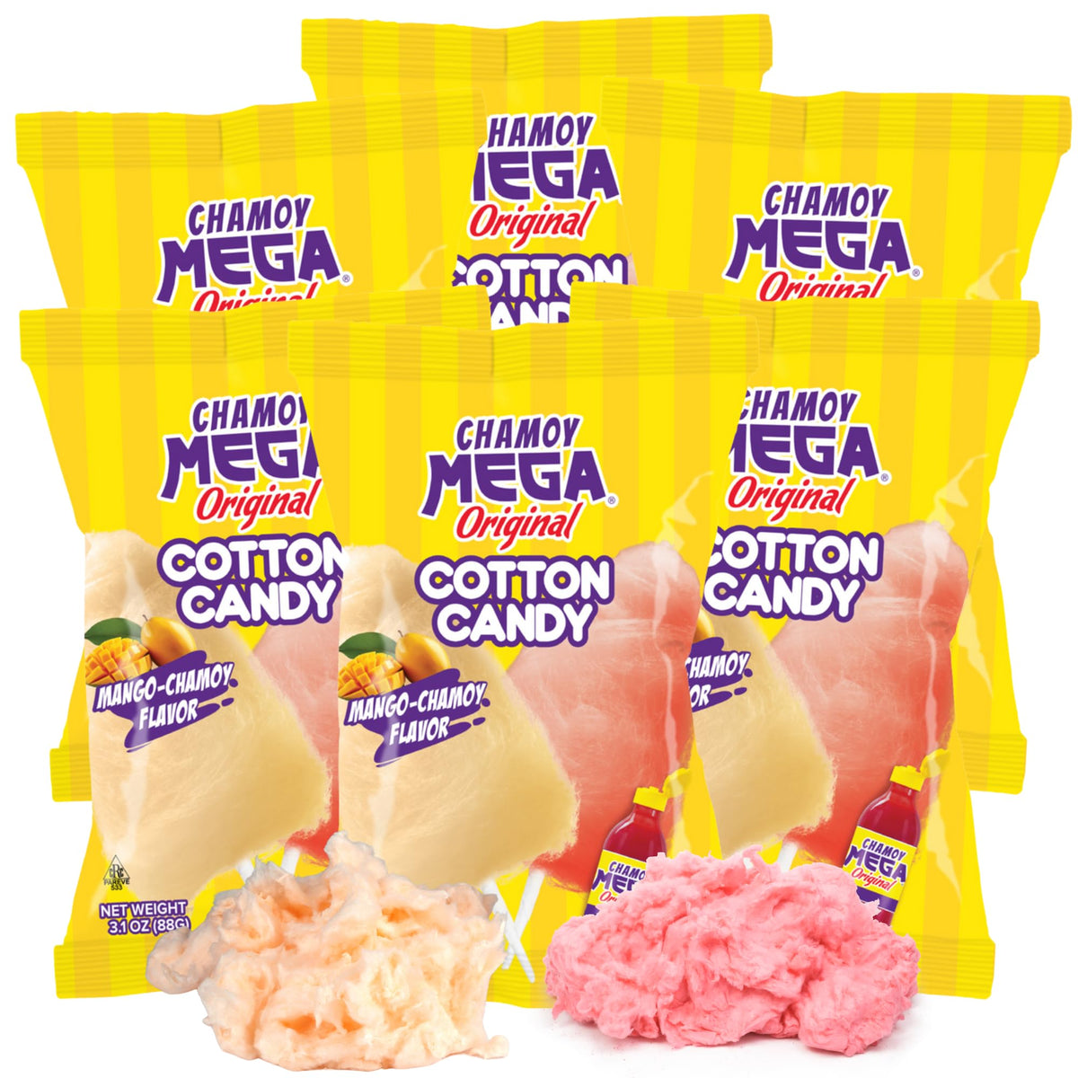 Mango Chamoy Cotton Candy, Sweet and Spicy Sugar Floss, Individually Wrapped Treats, 3.1 Ounces Each (Pack of 6)