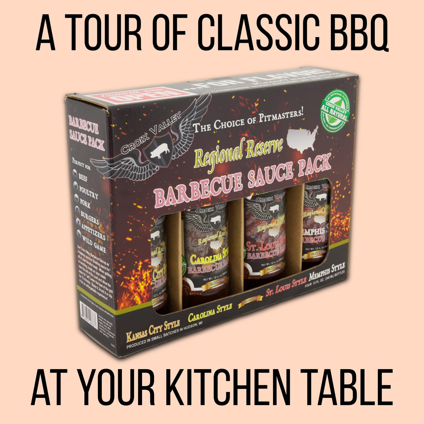 Croix Valley Regional BBQ Sauce Gift Pack - 4 Pack (12 oz Glass Bottles) - Kansas City, Carolina, Memphis & St. Louis Style Sauces - Gluten-Free, No