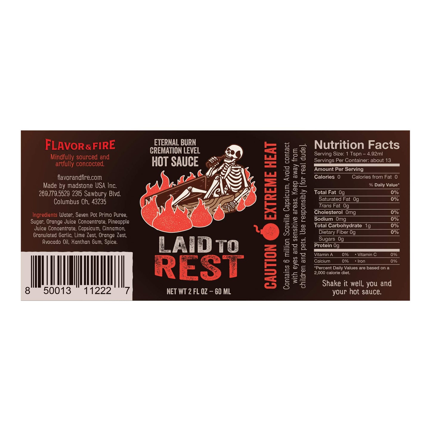 Flavor and Fire Foods, Laid to Rest, Fruit Infused with Pineapple, Orange, Cinnamon, Sugar, Extreme Hot Sauce, 6 Million Scoville Capsicum, Mouth