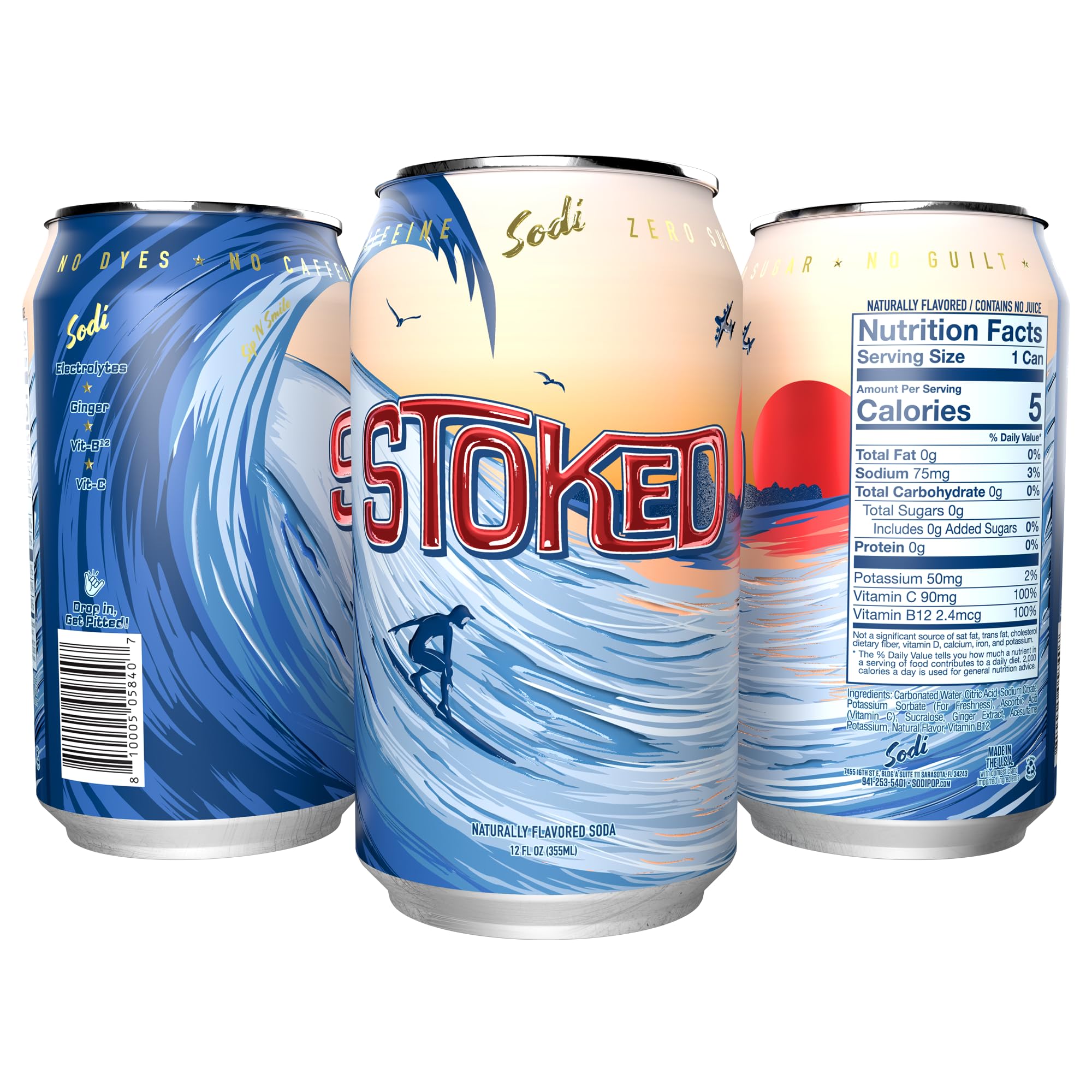 Sodi | Better For You Sparkling Soda Pop | Stoked | Zero Sugar | Zero Caffeine | Zero Colors or Dyes | Gluten Free | Naturally Flavored | 12fl oz