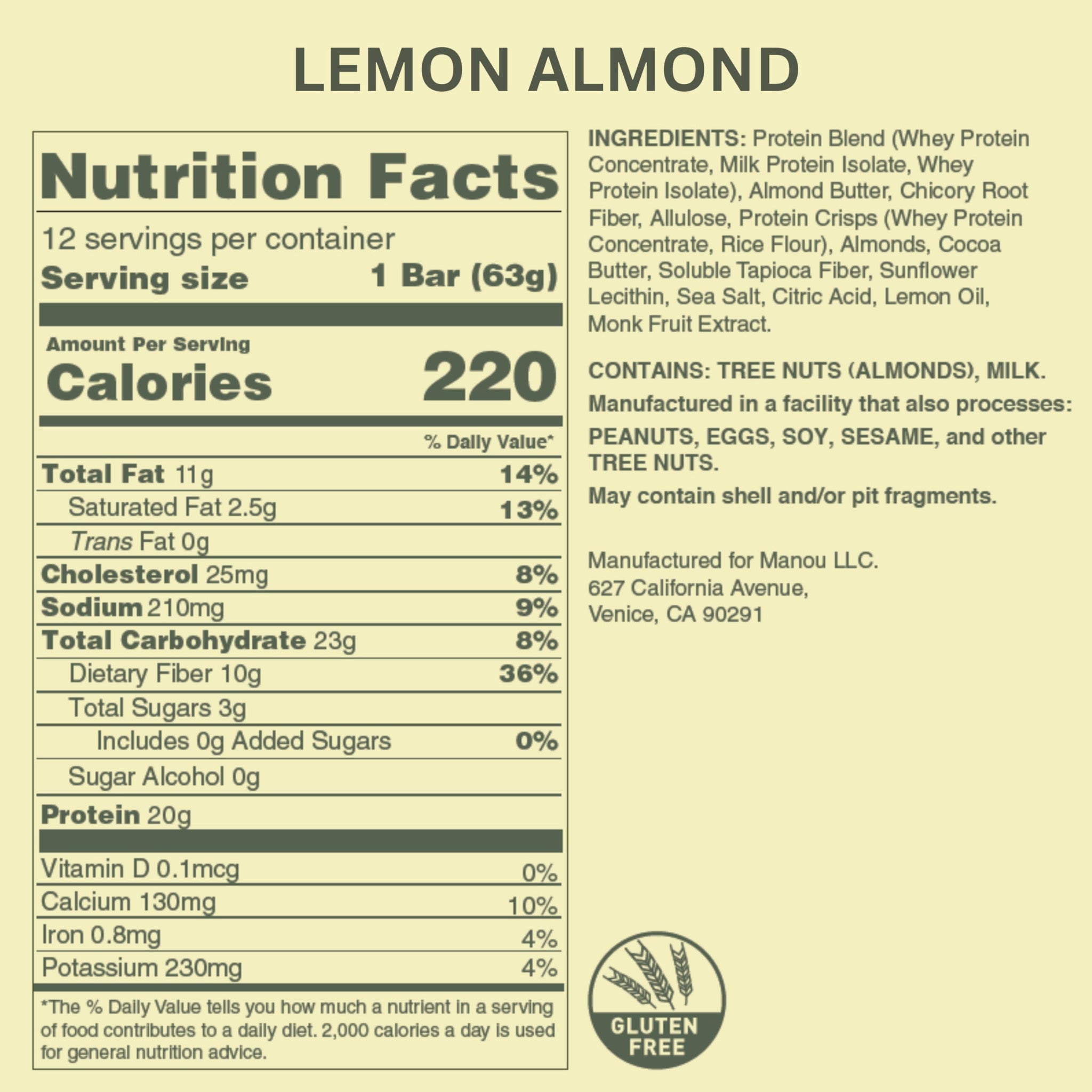 MANOU All Natural High Protein Bar, 20g Protein, 10g Prebiotic Fiber, No Added Sugar, Nothing Artificial (12 Count, Lemon Almond)
