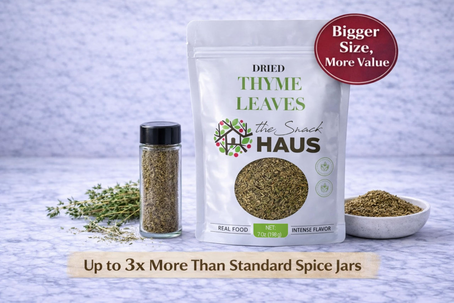 The Snack Haus Dried Thyme Leaves 7 oz - Premium Mediterranean Herb Seasoning - Aromatic Thyme Seasoning for Cooking, Soups, Meat, Chicken, Vegetables