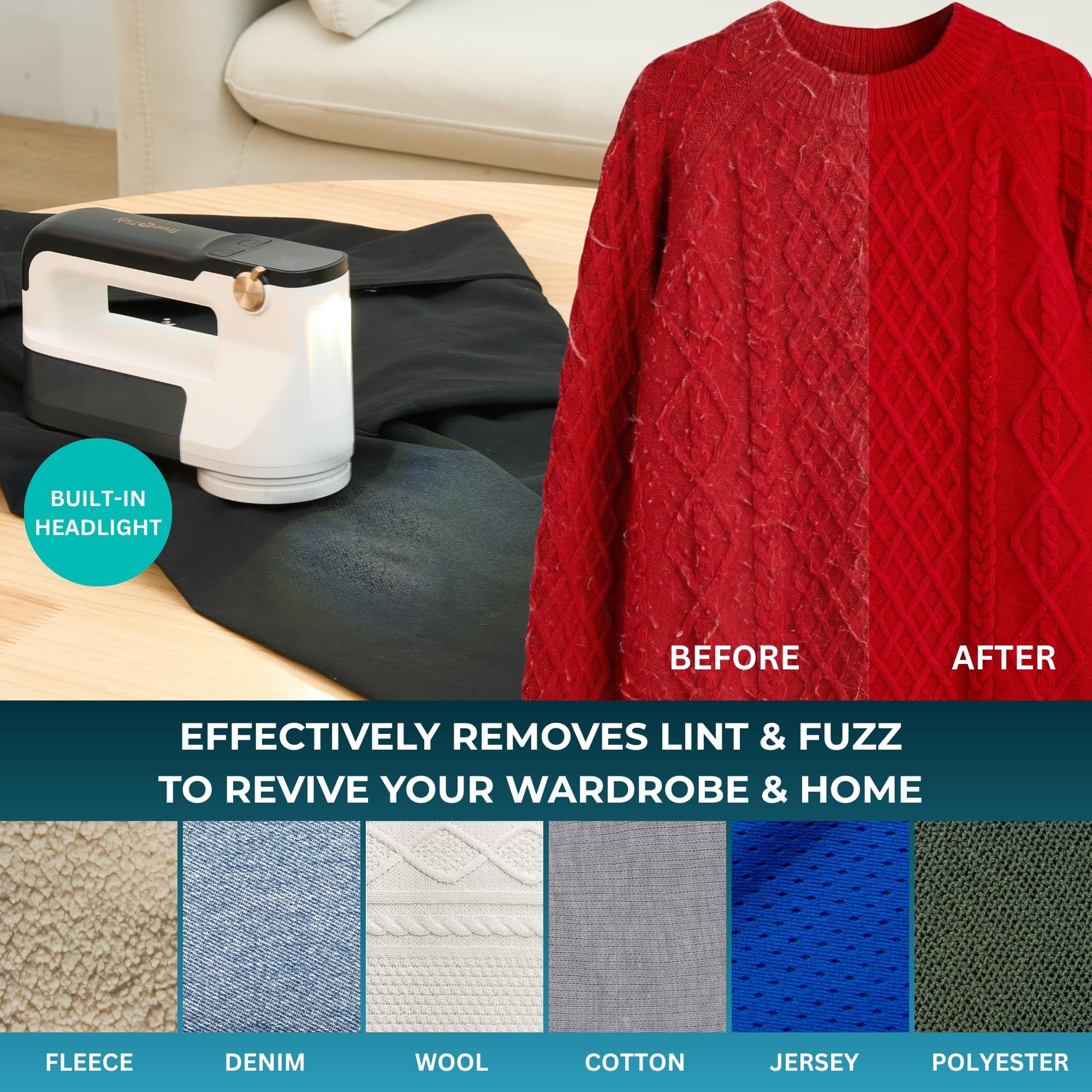 True & Tidy XL Fabric Shaver & Lint Remover Rechargeable Electric Sweater Defuzzer w/ 6-Blade Stainless Steel, 3 Speeds, LED Display, 2 Extra Blades