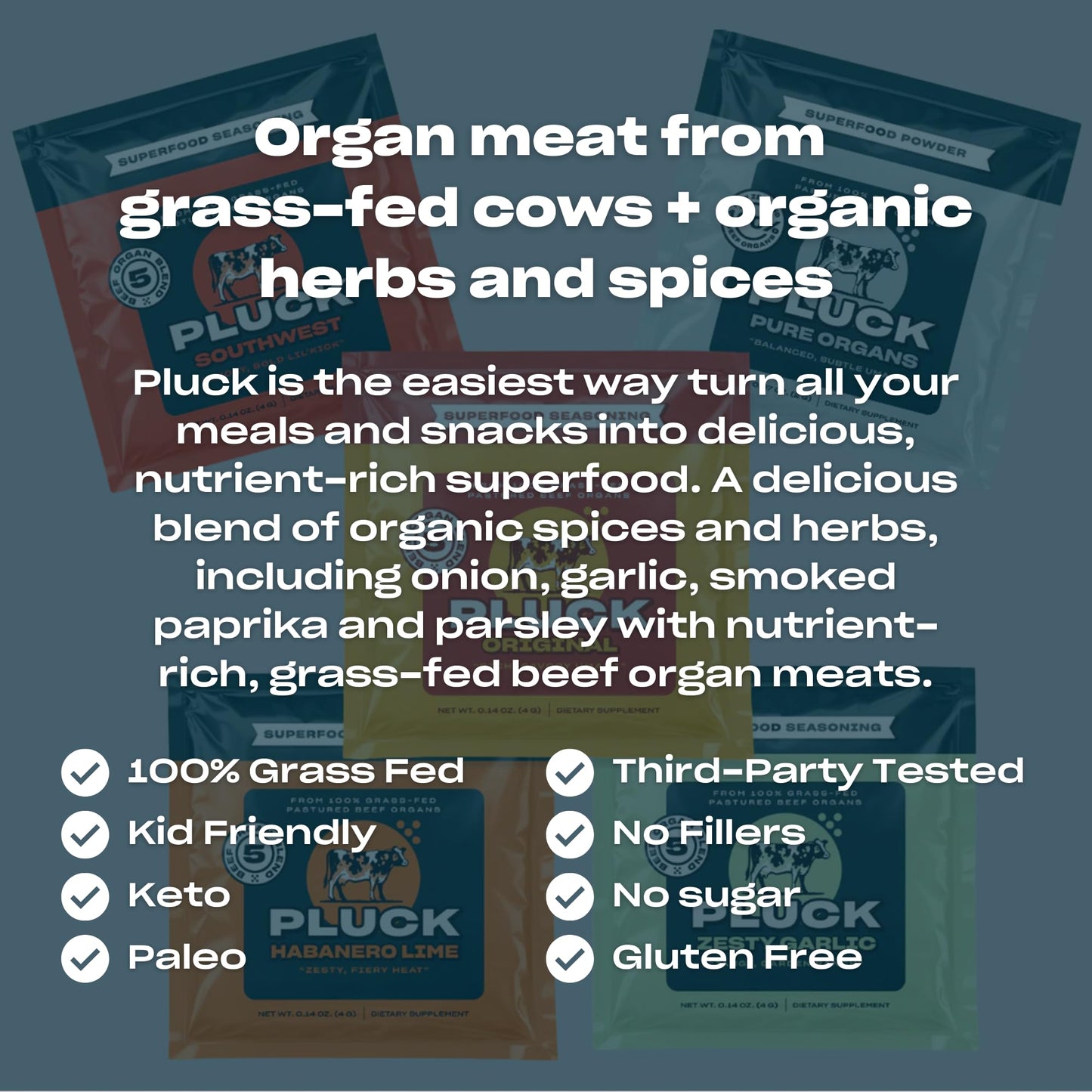 Pluck Original Organ Meat Blend Seasoning Travel Pack | From Grass-Fed & Grass-Finished Pastured Beef Organs with Redmond Real Sea Salt | As Seen on