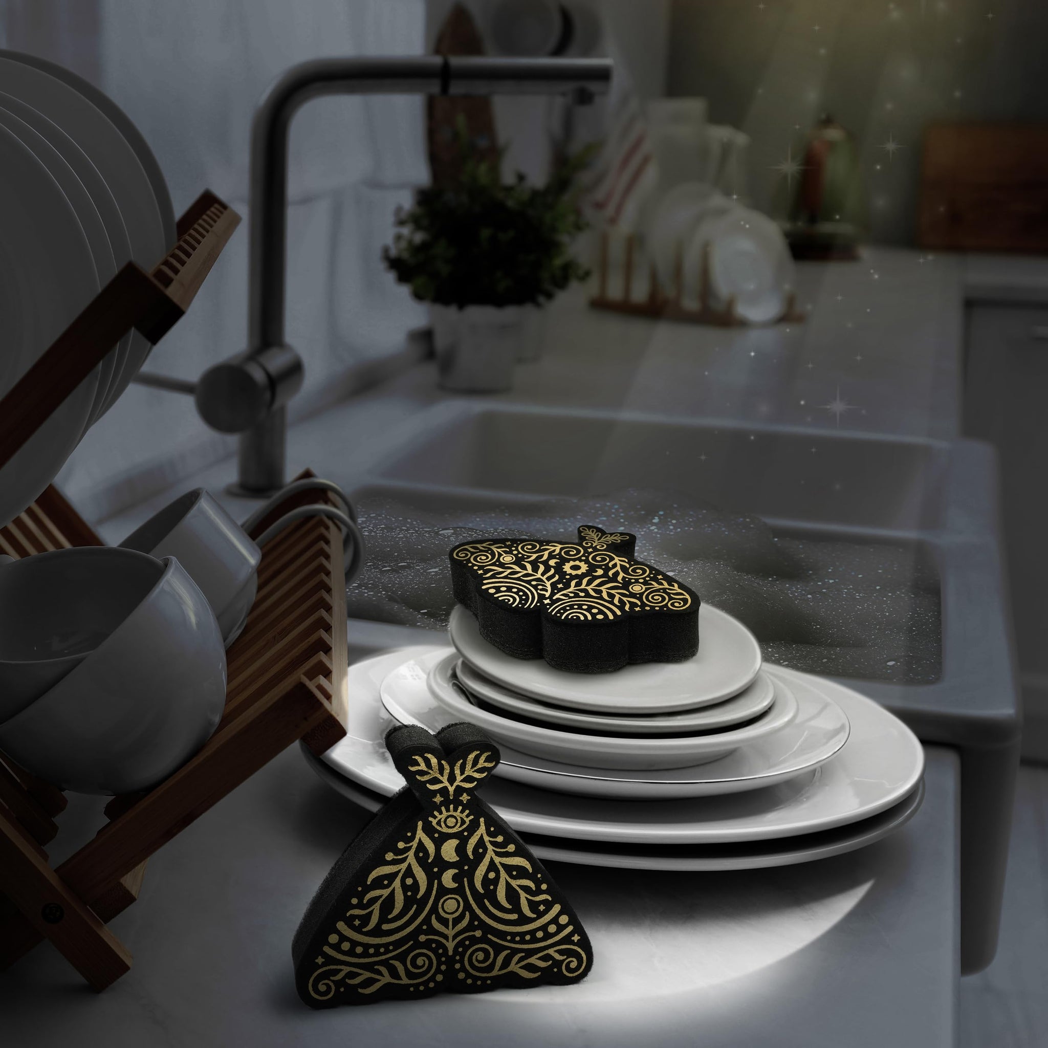 Genuine Fred Night Scrub Moth Kitchen Sponges - Set of 2 Moth-Shaped Sponges with Celestial Gold Metallic Details - Triple-Layer Design - Cute