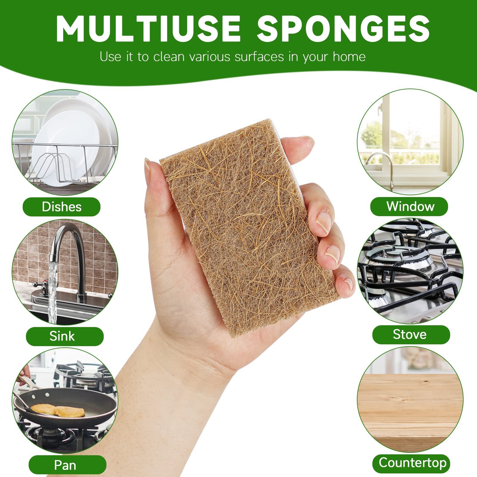 Rasket 10 Pack Biodegradable Natural Sponges Kitchen - Compostable Cellulose and Coconut Walnut Scrubber Sponge - Eco Friendly Sponges for Dishes