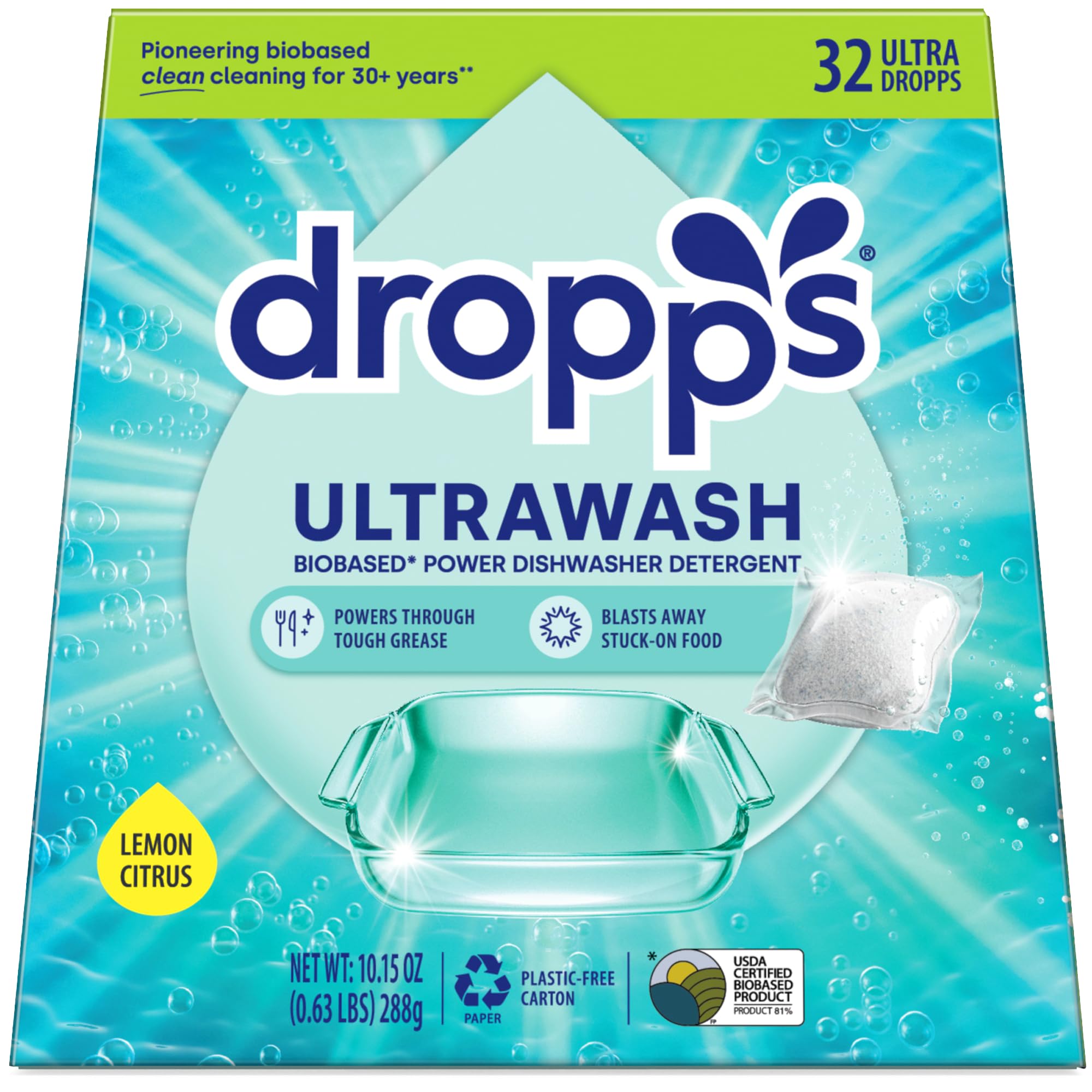 Dropps UltraWash Dishwasher Detergent Pods, Lemon Citrus (32 Ct) - Cuts Grease & Stuck-On Food | Sparkling Dishes & Glasses | Residue-Free | Clean