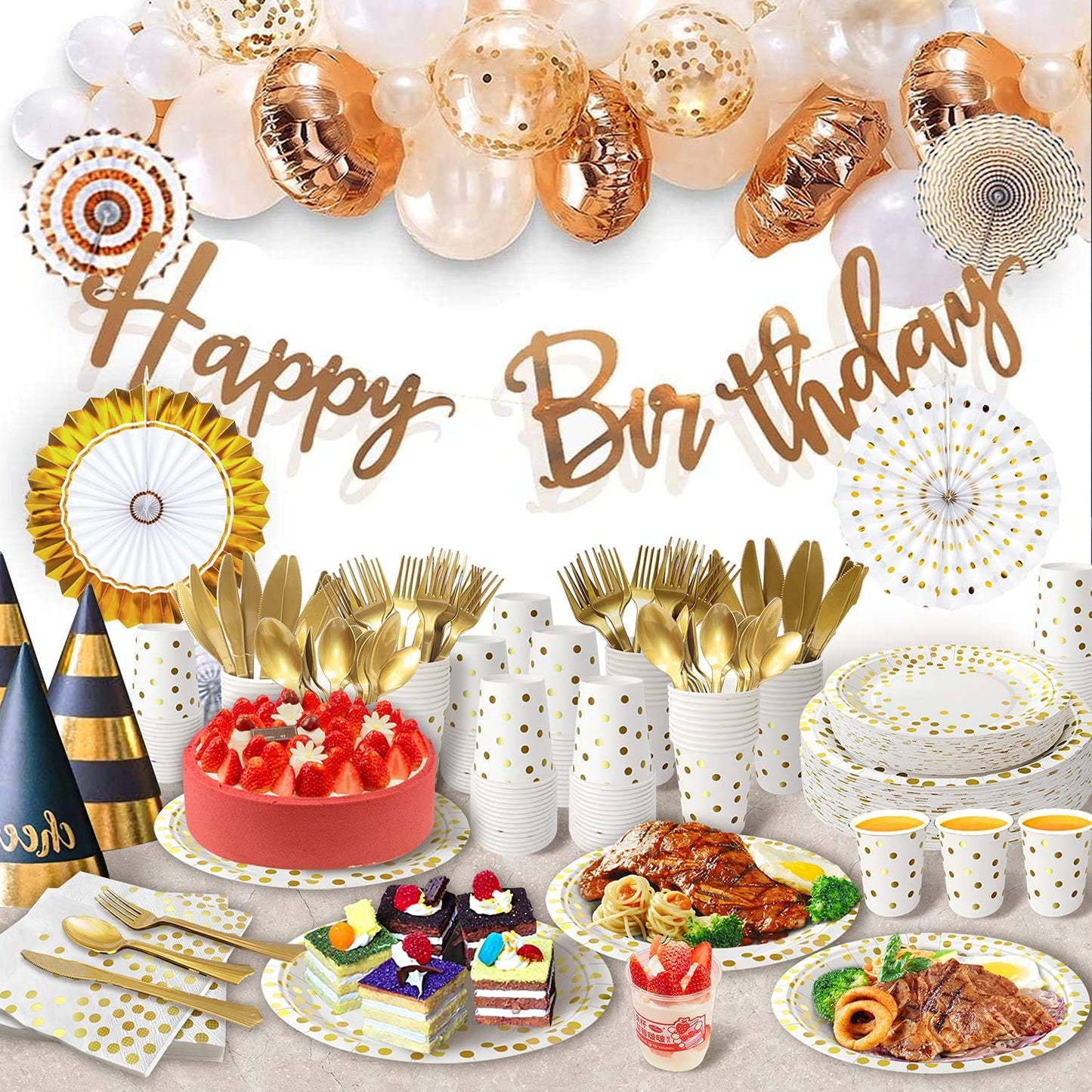 AIRE 175PCS White and Gold Paper Plates Party Supplies for 25 Guests Disposable Decorations Dinnerware Golden Dot Paper Plates Napkins Cups Gold