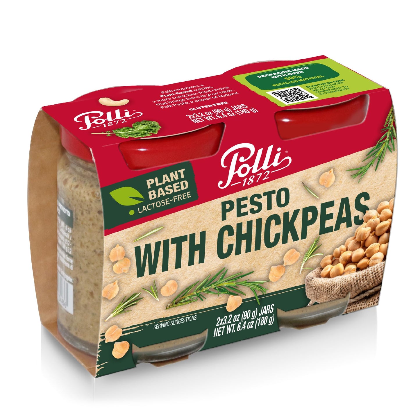 Polli Chickpea Pesto - Plant Based Italian Pesto Sauce with Extra Virgin Olive Oil & Almonds, Vegan Pasta Sauce, Dairy Free, Made in Italy, 2 x 3.2 oz