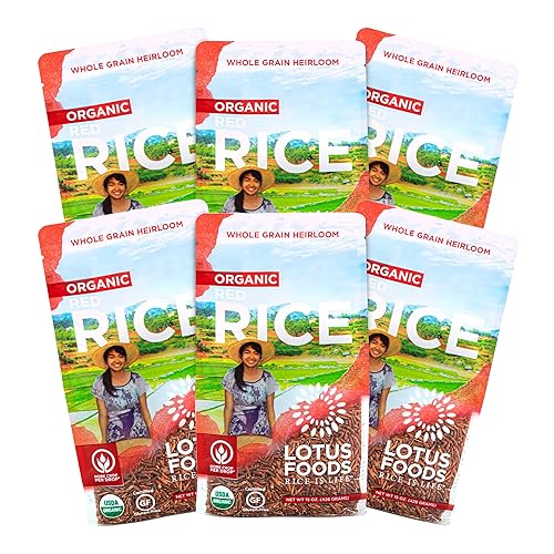 Lotus Foods Organic Red Rice - Red Rice Organic, Rice Red, Whole Grain Rice, Long Grain Asian Sticky Rice, USDA Organic, Non-GMO, Gluten Free - 15 Oz Bag (Pack of 6)