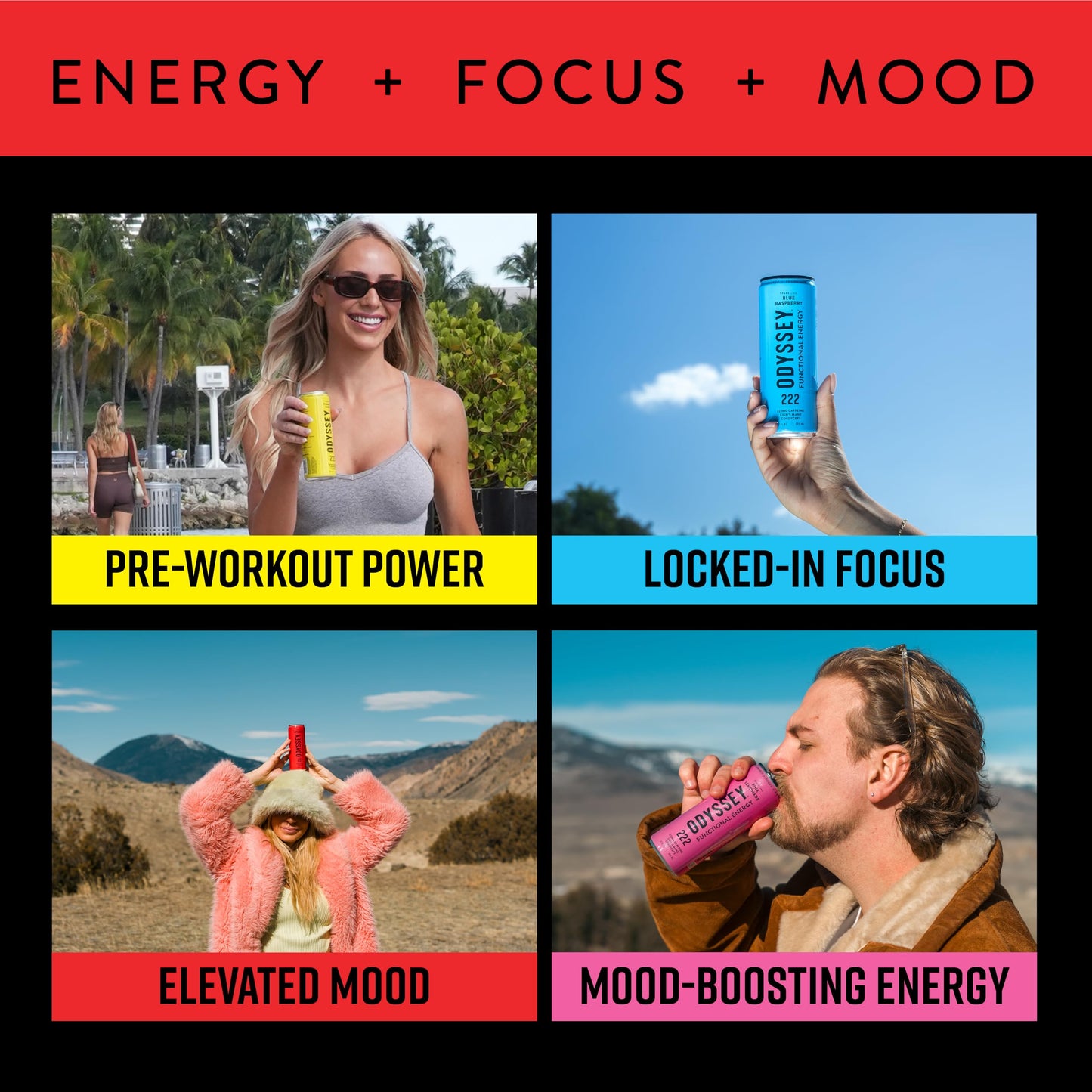 Odyssey Functional Energy Drink for Focus, Cognition & Mood Support 12 Pack - Adaptopgenic Drink with 222mg Green Tea Caffeine, Lion’s Mane