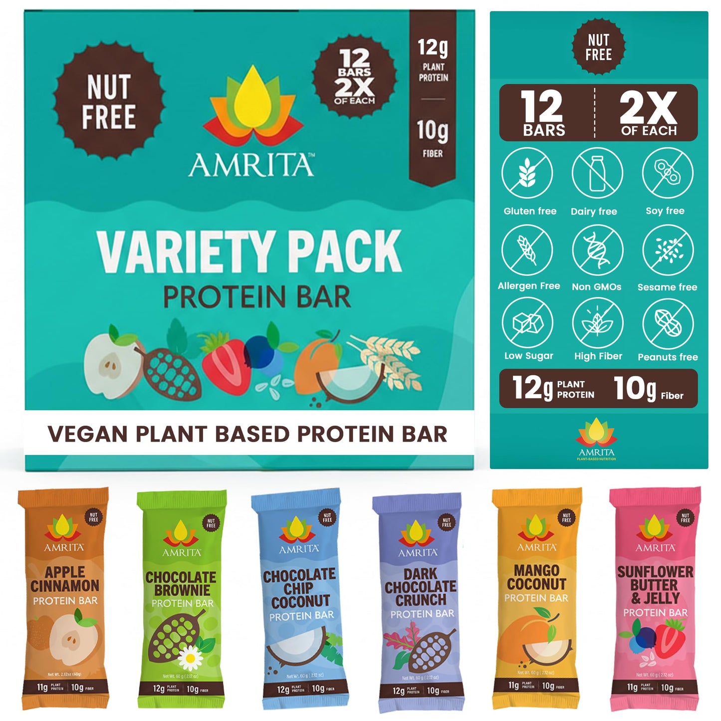 Amrita Nut Free Vegan Protein Bars Variety Pack (12 Bars, 6 Flavors) | 12g Plant Based Protein Bars | Peanut Free, Gluten Free, Dairy Free | Soy Free