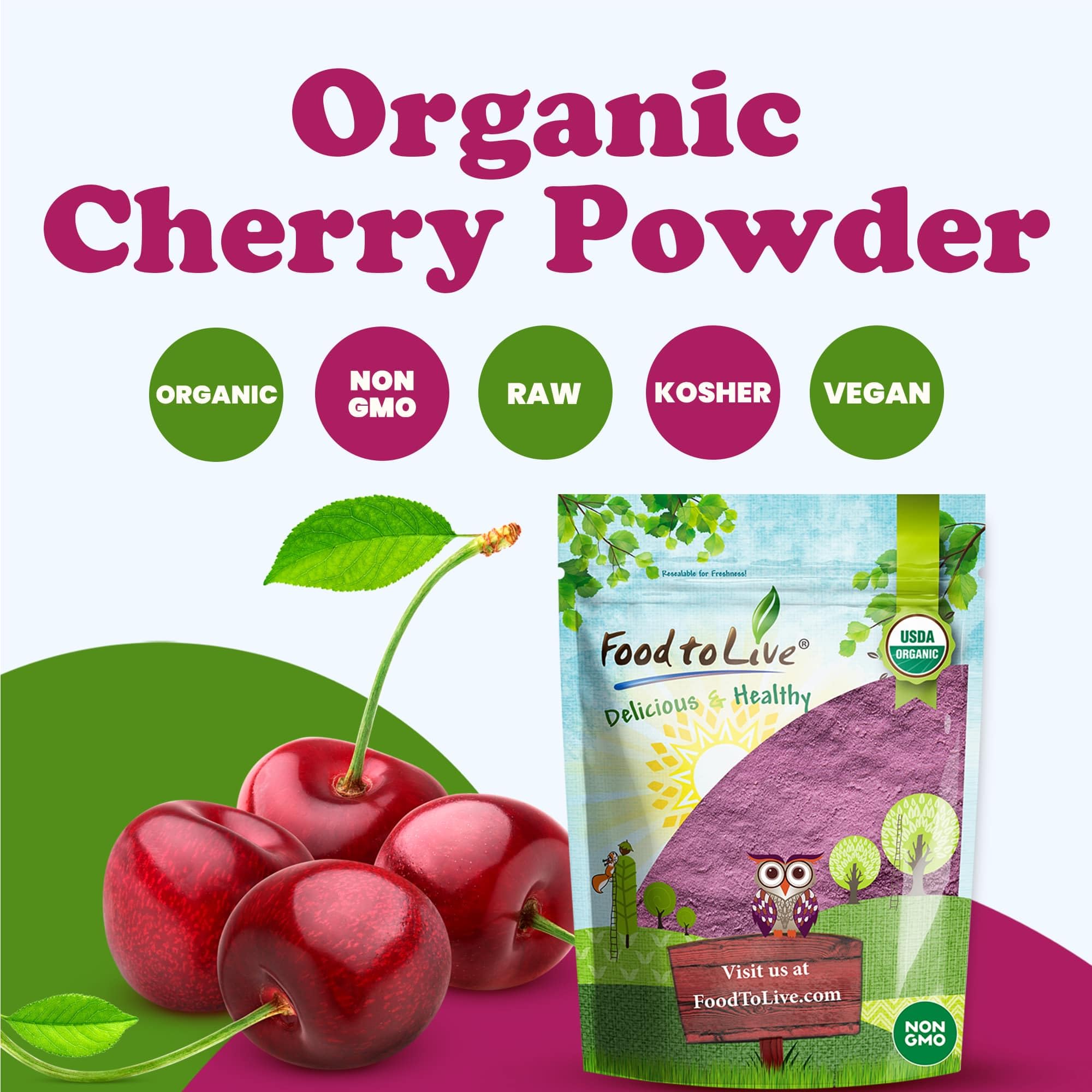 Food to Live Organic Cherry Juice Powder, 1 Pounds - Non-GMO, Raw, Kosher, Vegan Superfood, Bulk, Rich in Antioxidants, Great for Juices, Drinks