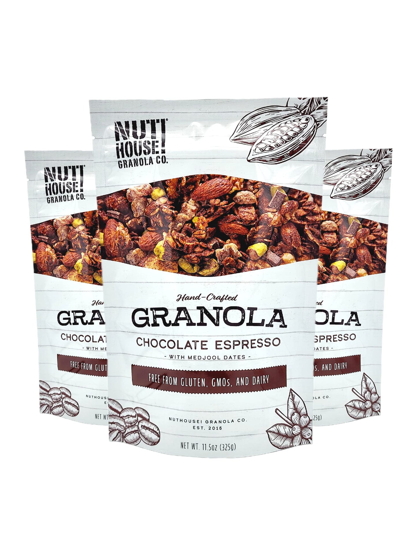 NutHouse! Granola Company - Premium Chocolate Espresso Granola | Certified Gluten-Free, Non-GMO, Kosher | Vegan | 11.5 oz. Bag (3-Pack)