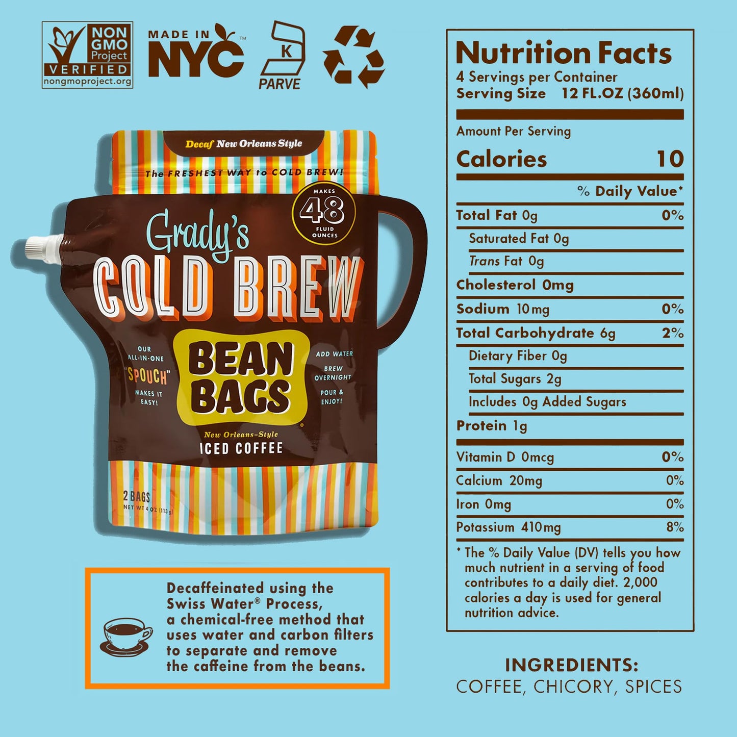 GRADY’S COLD BREW, New Orleans Styel - DECAF, 100% Arabica Ground Coffee & Chicory Pouches | All-in-One Cold Brew Mini Kit with 2 Easy-to-Brew Beans