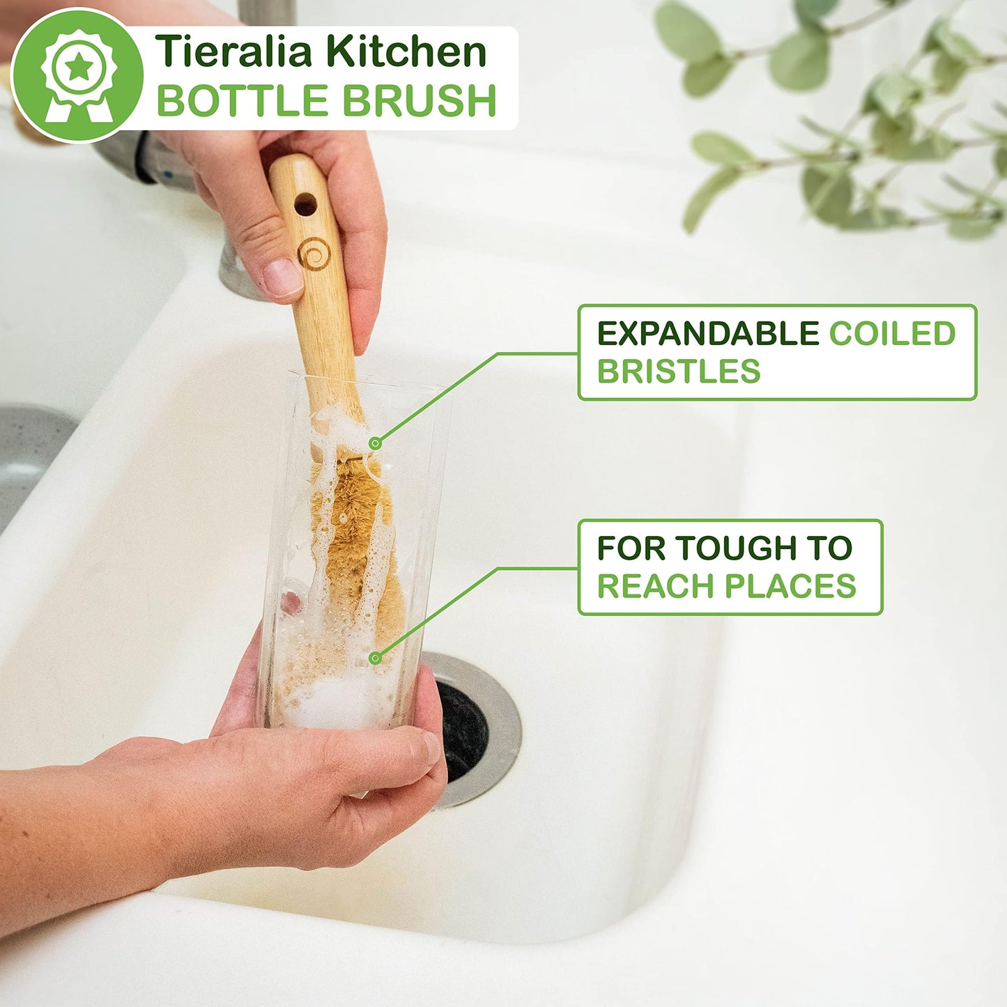 Tieralia Bamboo Dish Brush Gift Set - 5-Piece Kitchen Cleaning Set with Bottle Brush, Round Scrub Brush, Palm Brush & 2 Plant-Based Sponges | Wooden