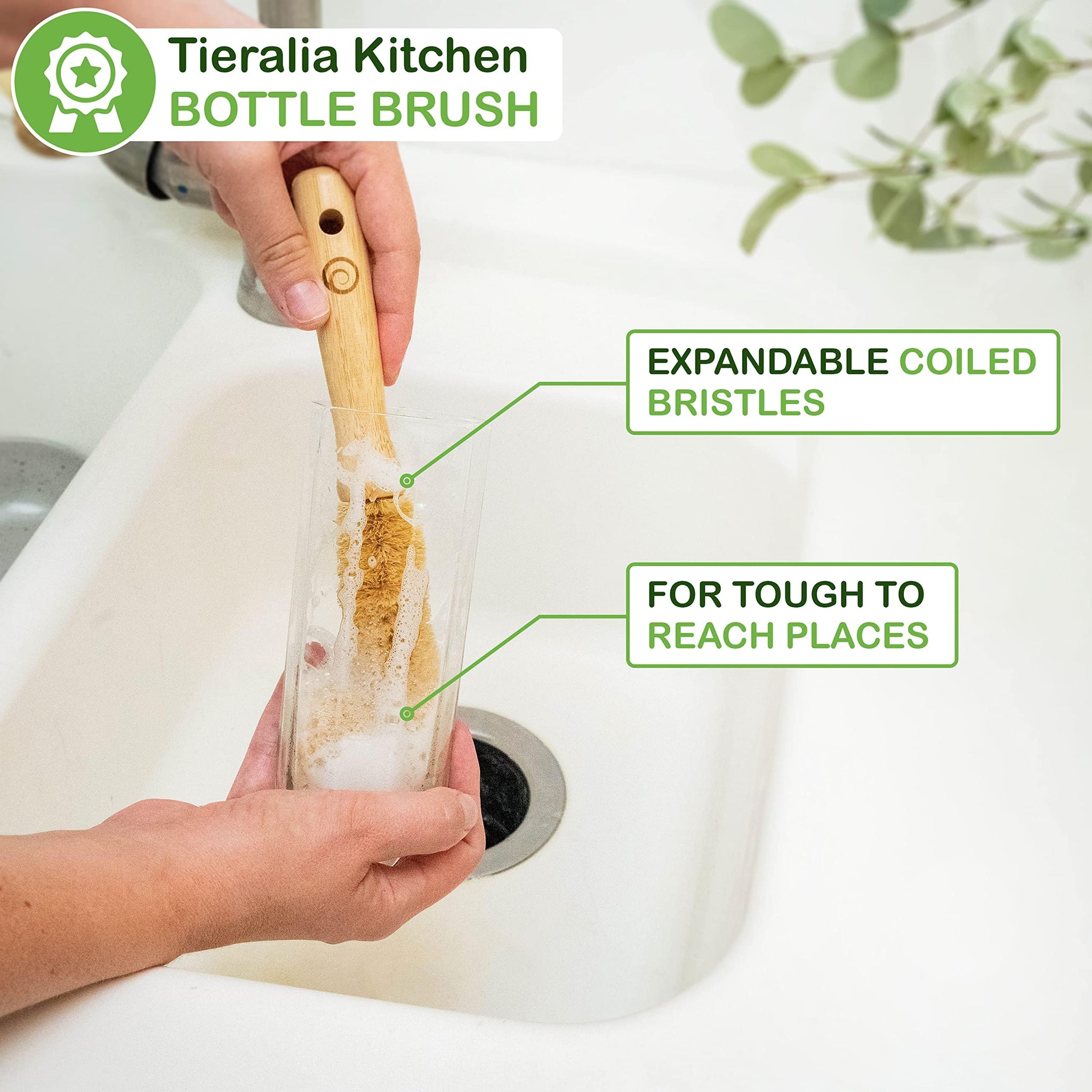Tieralia Bamboo Dish Brush Gift Set - 5-Piece Kitchen Cleaning Set with Bottle Brush, Round Scrub Brush, Palm Brush & 2 Plant-Based Sponges | Wooden