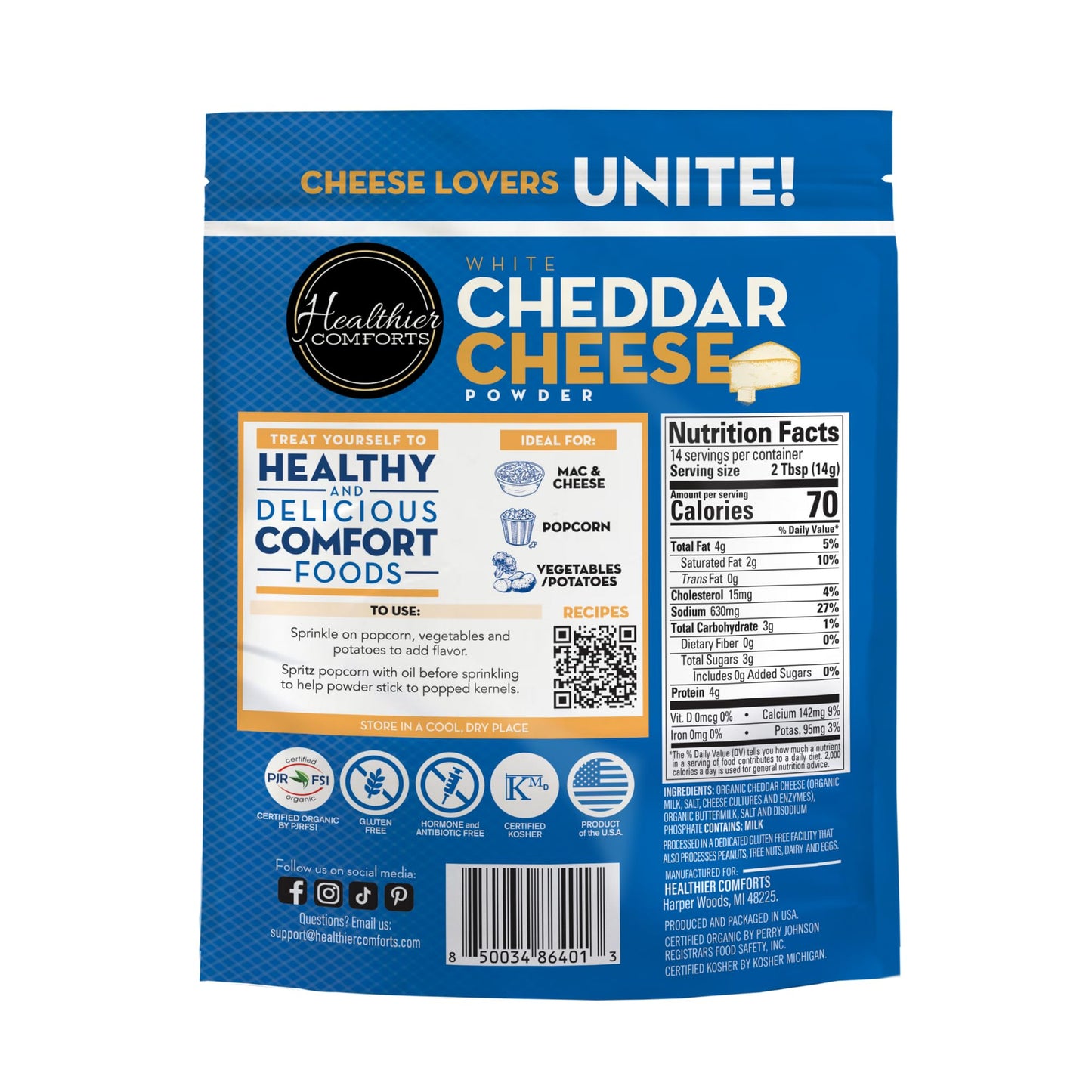 Healthier Comforts Organic White Cheddar Cheese Powder (0.44lb) | Gluten Free, Kosher, Keto-Friendly, Non-GMO, Antibiotic & Hormone Free | Perfect