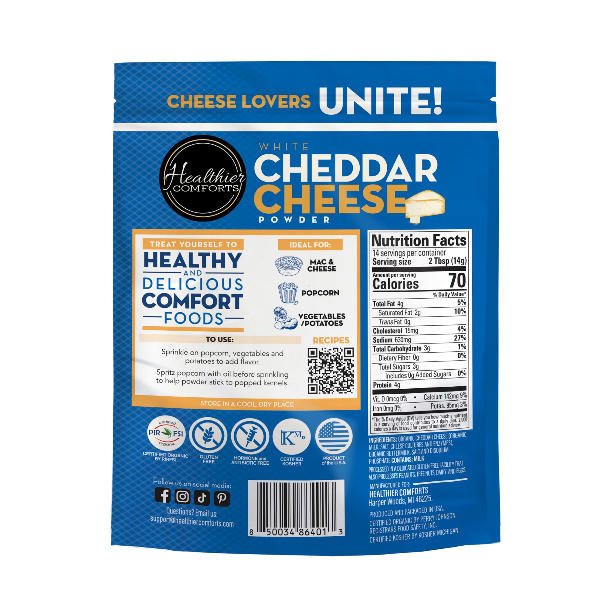 Healthier Comforts Organic White Cheddar Cheese Powder (0.44lb) | Gluten Free, Kosher, Keto-Friendly, Non-GMO, Antibiotic & Hormone Free | Perfect