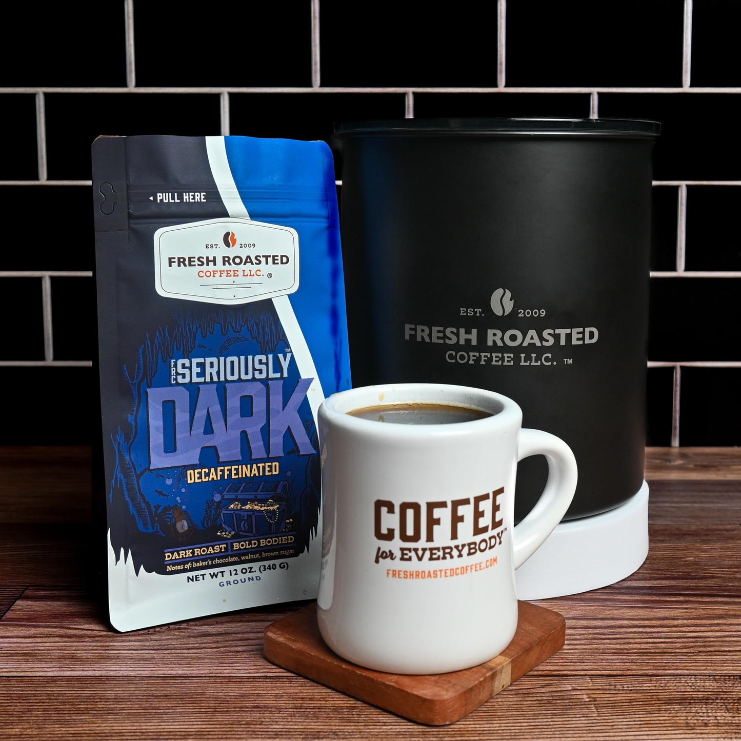 Fresh Roasted Coffee, Seriously Dark Decaf Artisan Blend Drip Ground Coffee, Dark Roast, Kosher, 12 oz