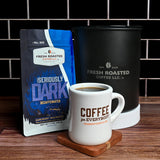 Fresh Roasted Coffee, Seriously Dark Decaf Artisan Blend Drip Ground Coffee, Dark Roast, Kosher, 12 oz