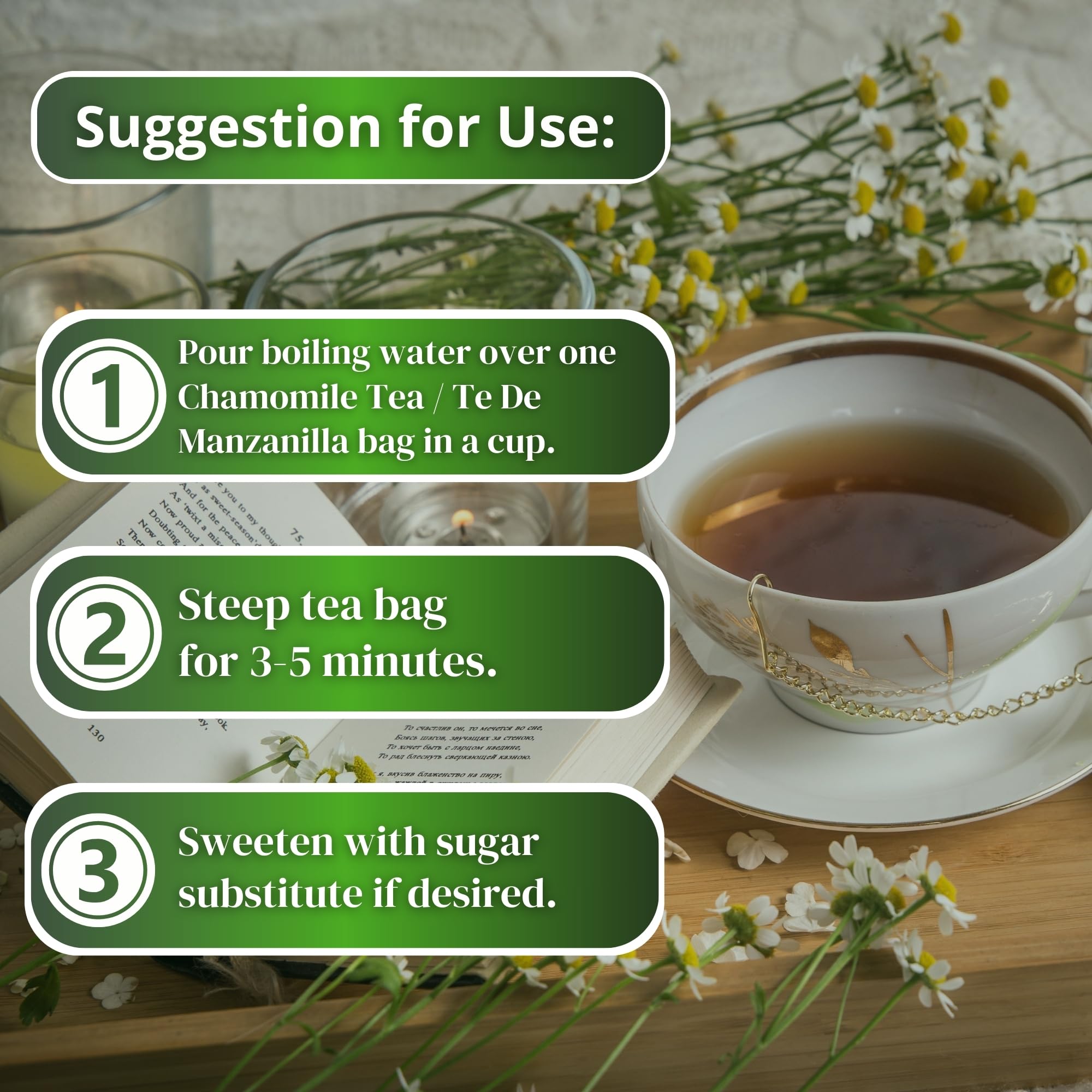 Chamomile Tea 25 Herbal Teabags of Te De Manzanilla Natural Dried Camomile Tea from Peru by Hanan