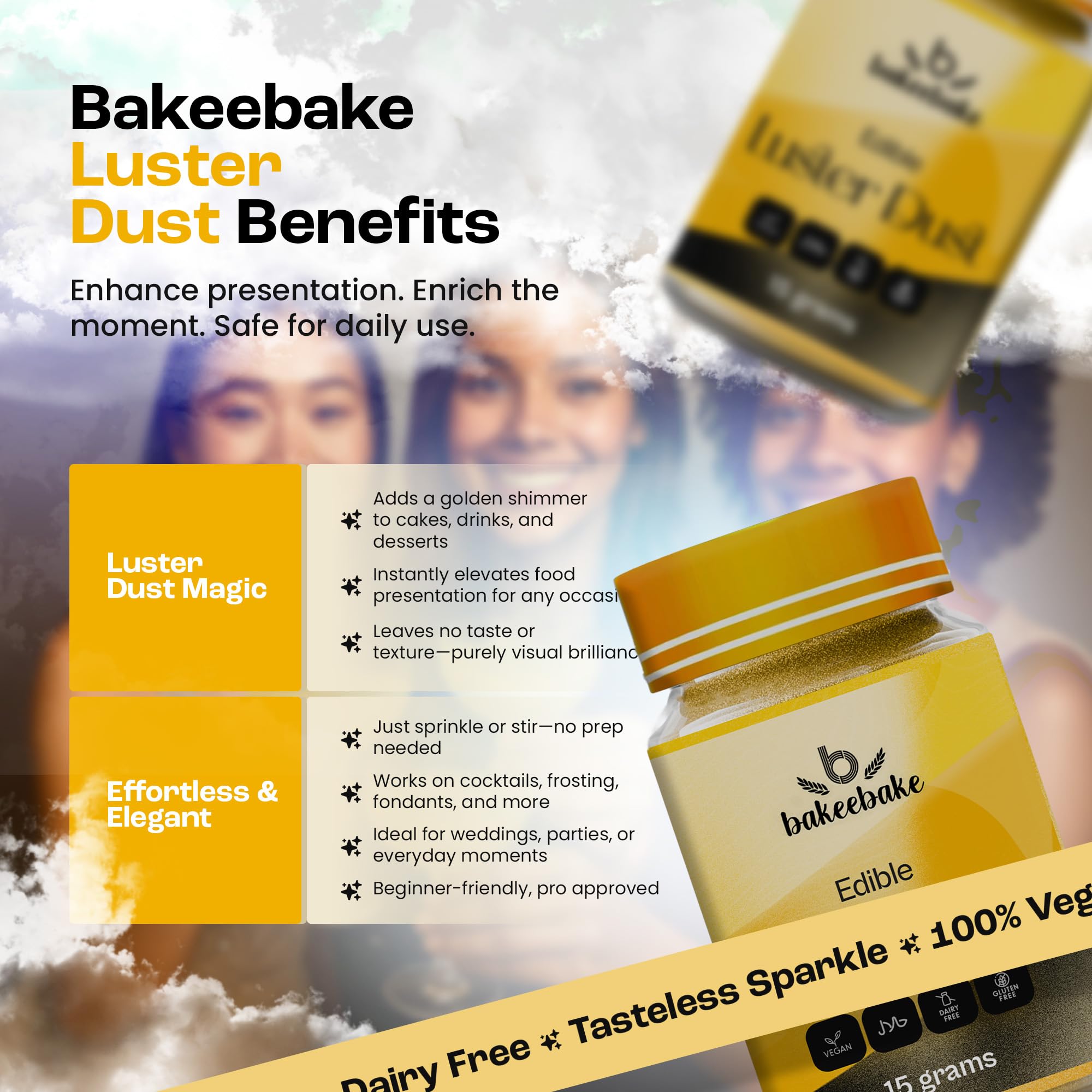 Bakeebake Gold Luster Dust Edible 15g - Edible Glitter for Drinks & Desserts - Gluten Free Edible Gold Dust for Cake Decorating - Tasteless Vegan
