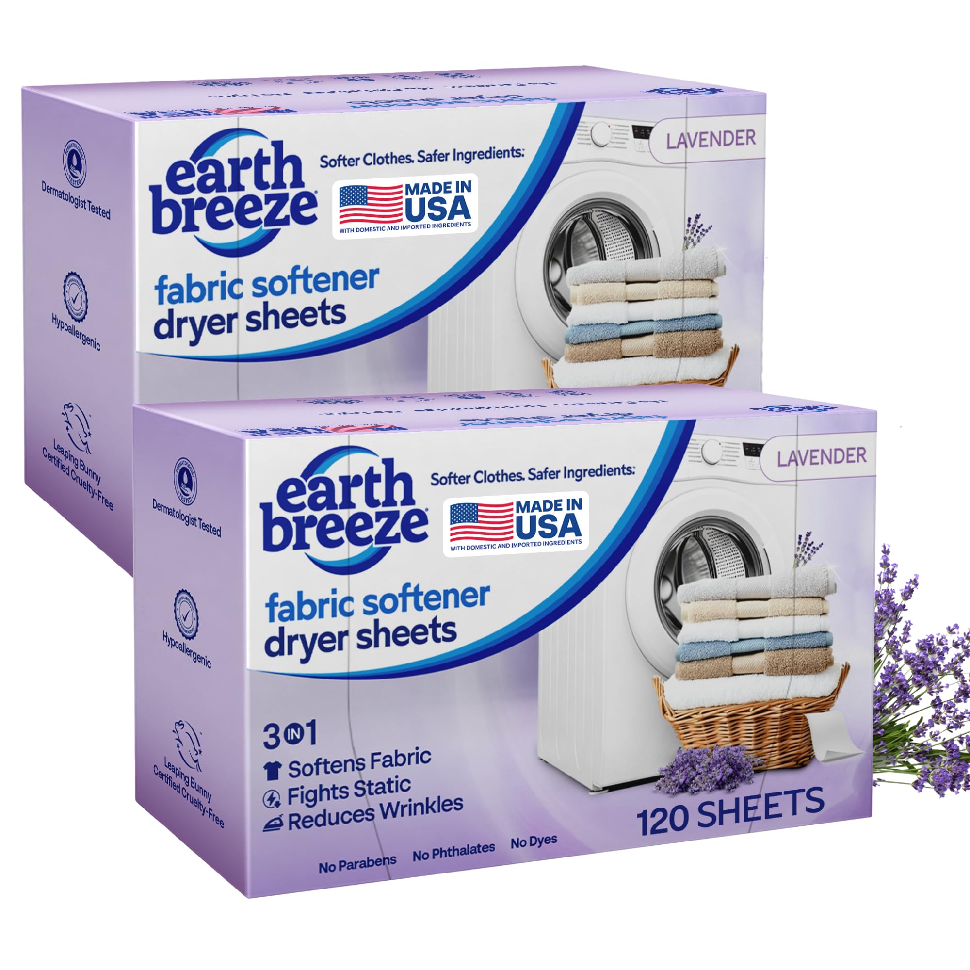 Earth Breeze Fabric Softener Dryer Sheets - Lavender, Hypoallergenic, No Harsh Chemicals, Safe Ingredients - Soft Clothes - Static Cling & Wrinkle