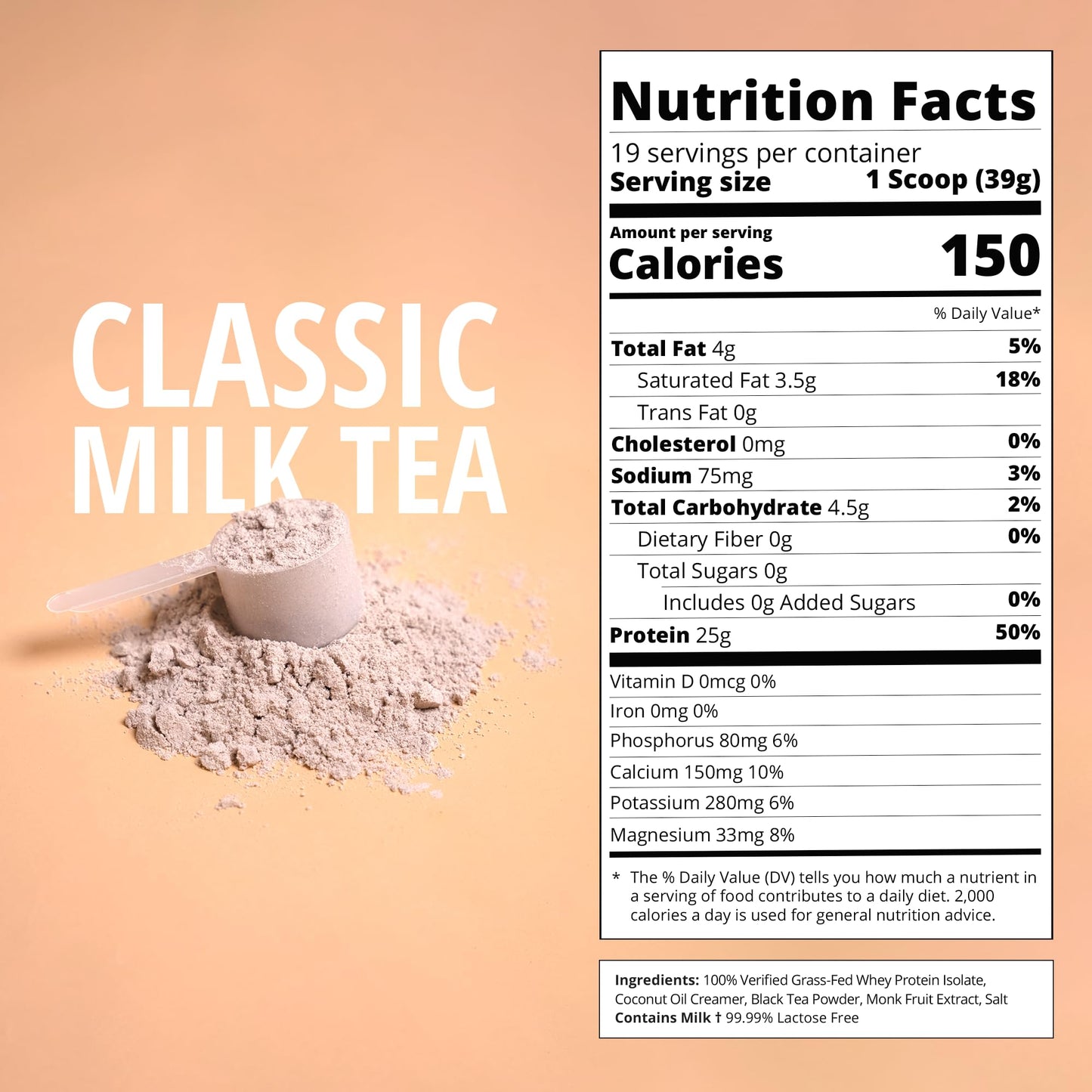 Classic Milk Tea Protein Powder | 25g Grass-Fed Whey Protein Isolate Powder | Gluten-Free & Soy-Free Bubble Tea Protein Drink | Real Ingredients