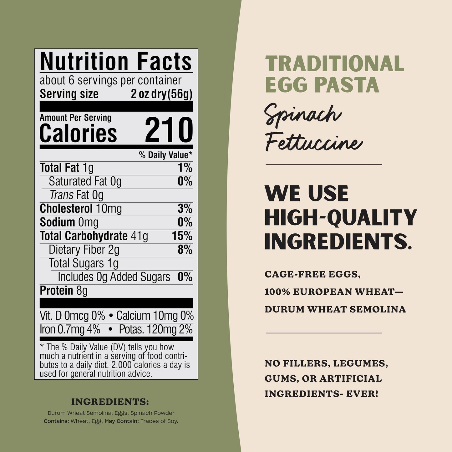 Al Dente Spinach Fettuccine - All-Natural, Hand-Crafted Egg Pasta. Traditional Pasta Noodles Made with Cage-Free Eggs, Semolina, and Spinach. Great