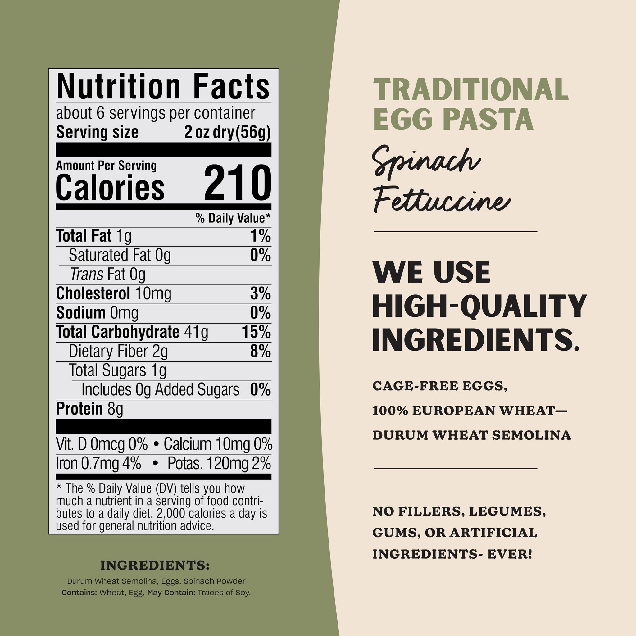 Al Dente Spinach Fettuccine - All-Natural, Hand-Crafted Egg Pasta. Traditional Pasta Noodles Made with Cage-Free Eggs, Semolina, and Spinach. Great