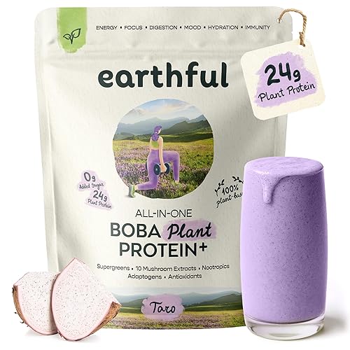 EARTHFUL Boba Plant Protein + Vegan Boba Tea Protein Powder with Supergreens, 10 Mushrooms, Adaptogens & Nootropics, No Added Sugar Meal Replacement