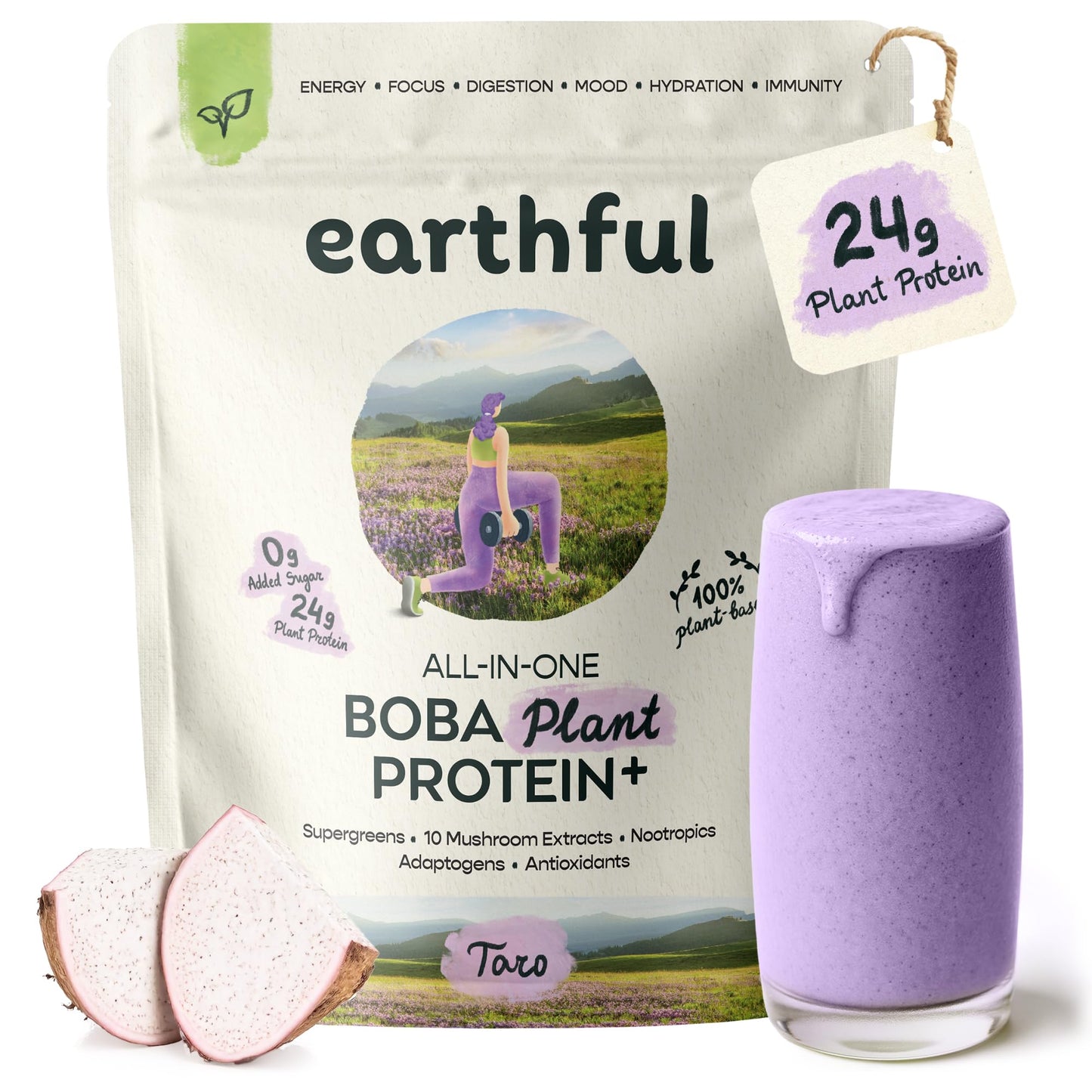 EARTHFUL Boba Plant Protein + Vegan Boba Tea Protein Powder with Supergreens, 10 Mushrooms, Adaptogens & Nootropics, No Added Sugar Meal Replacement