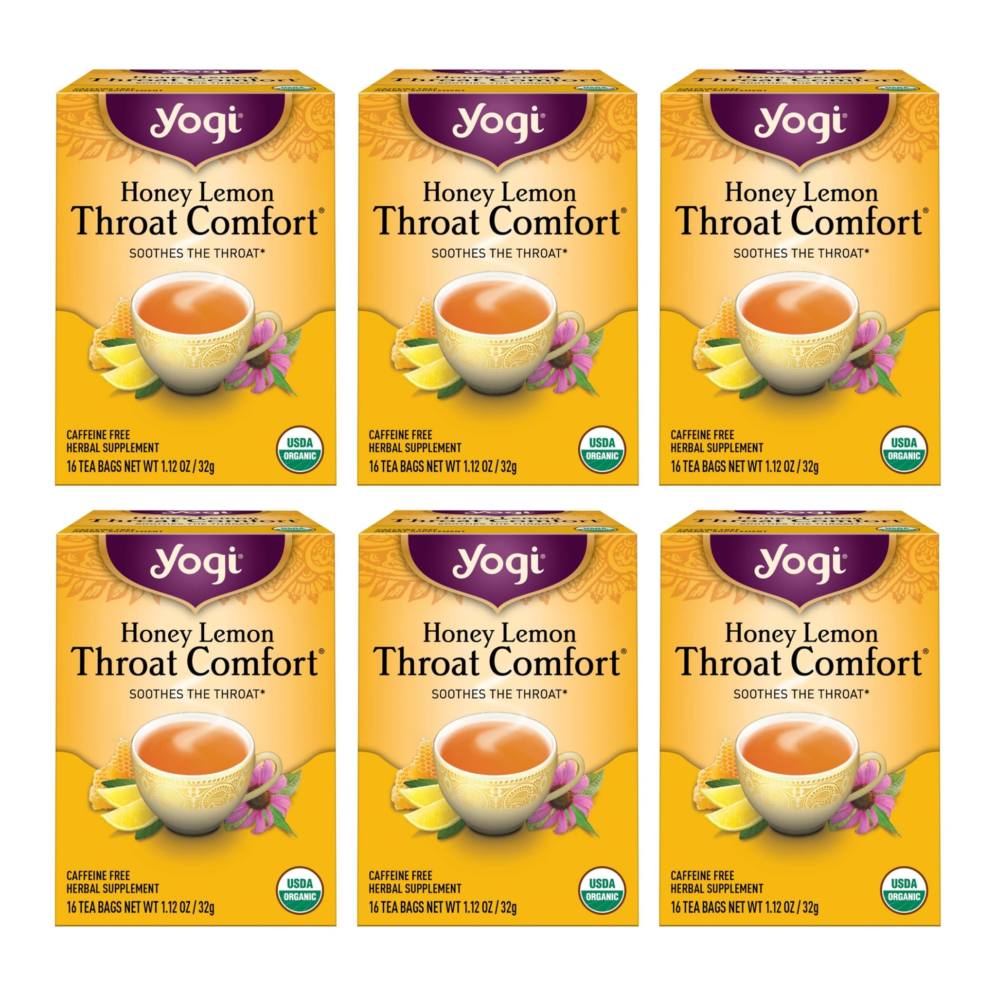 Yogi Tea - Honey Lemon Throat Comfort (6 Pack) - Soothes the Throat - 96 Tea Bags