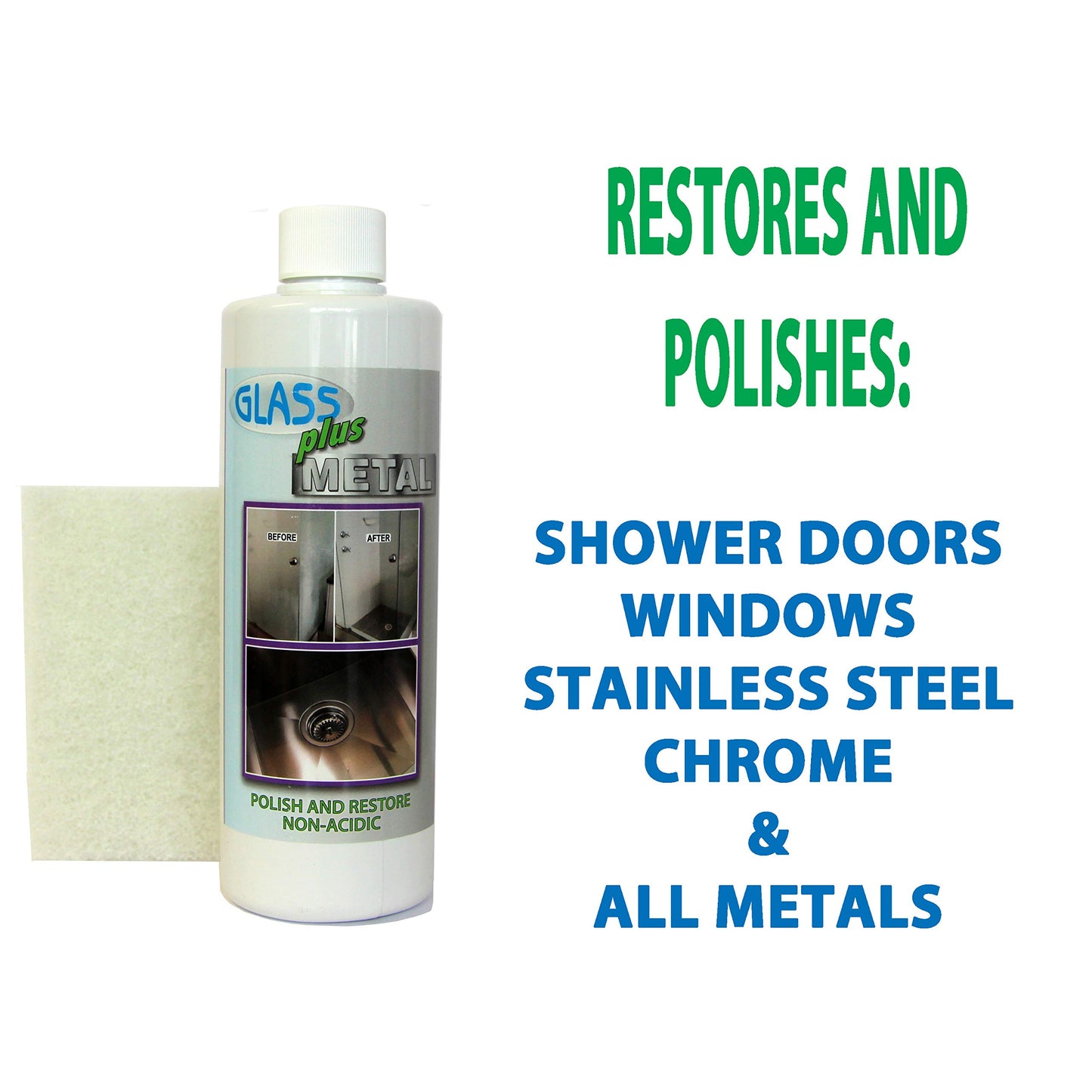 Glass Plus Metal - Polish and Restore | Hard Water Deposit & Stain Remover | Shower Glass, Stainless Steel Frames, Kitchen, Bath Fixtures, Windshield