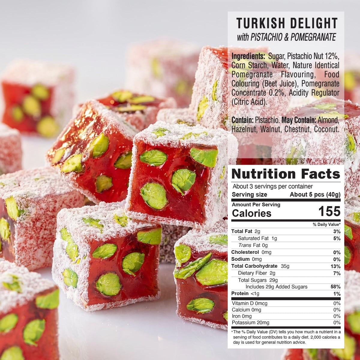 HazerBaba Turkish Delight Pistachio Candy, Pomegranate, 4.4oz (Pack of 1)
