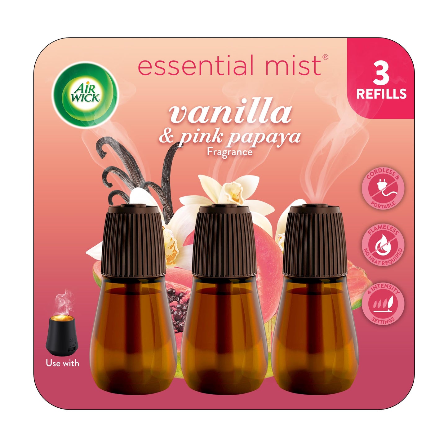 Air Wick Essential Mist Refill, 3 Ct, Vanilla and Pink Papaya, Essential Oils Diffuser, Air Freshener