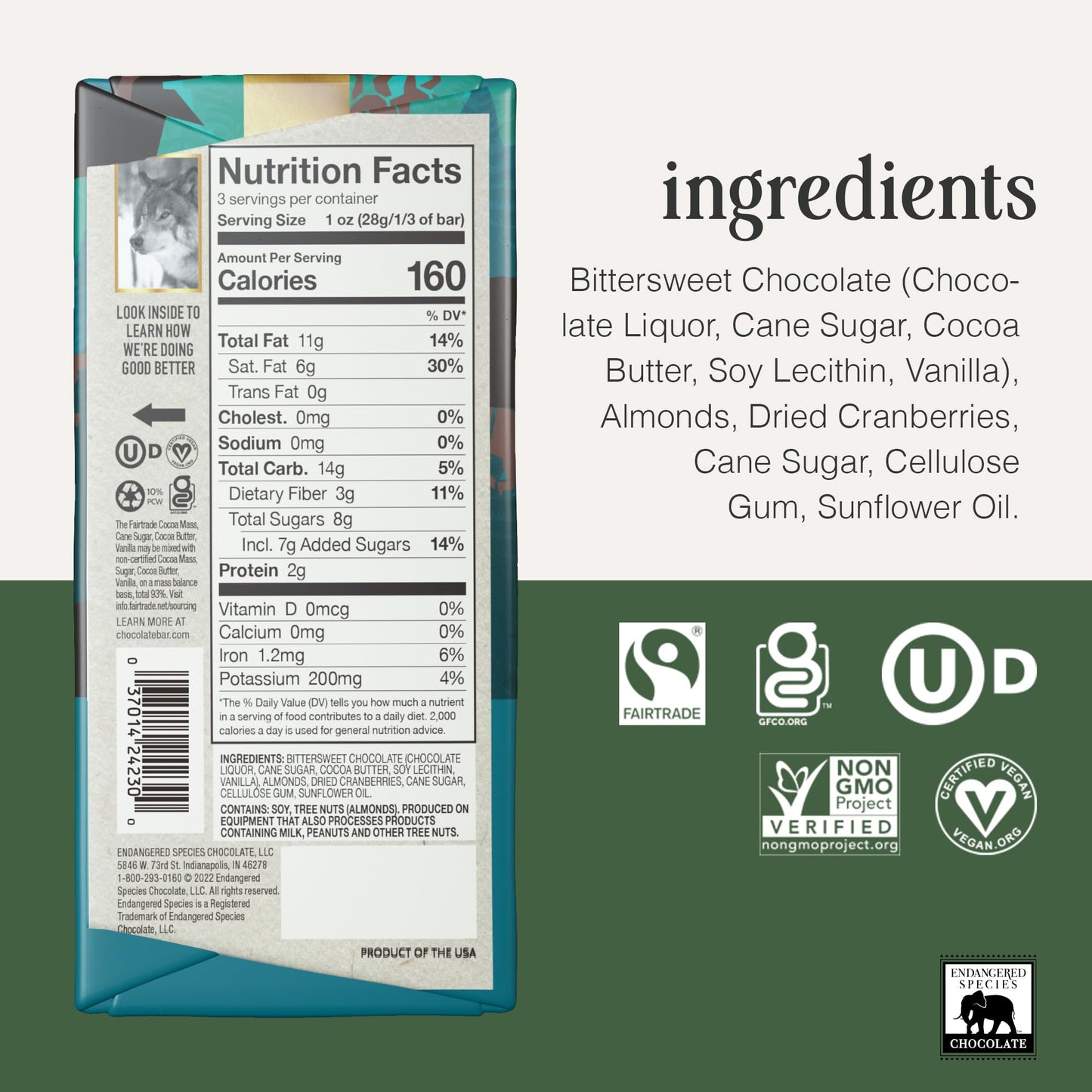Endangered Species Dark Chocolate Bar w/Cranberries & Almonds (72% cocoa)