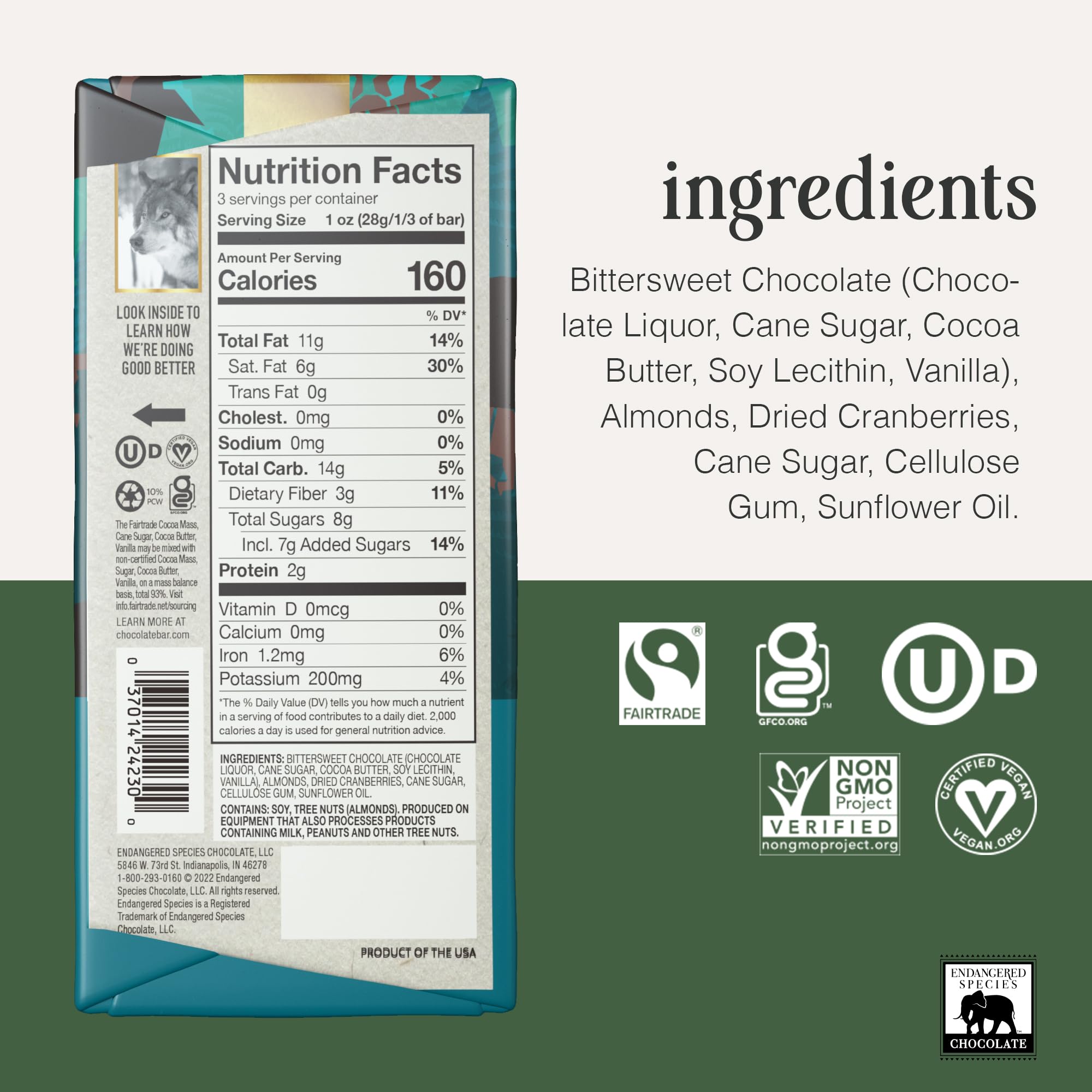 Endangered Species Dark Chocolate Bar w/Cranberries & Almonds (72% cocoa)