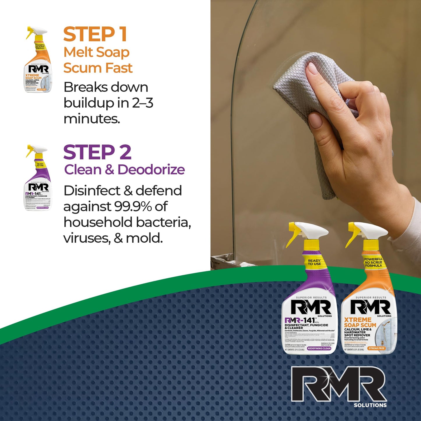 RMR Polish & Protect Bundle - Xtreme Soap Scum Remover + RMR-141 EPA Registered Mold & Mildew Spray, 2-Step Clean & Disinfect System for Buildup, Hard
