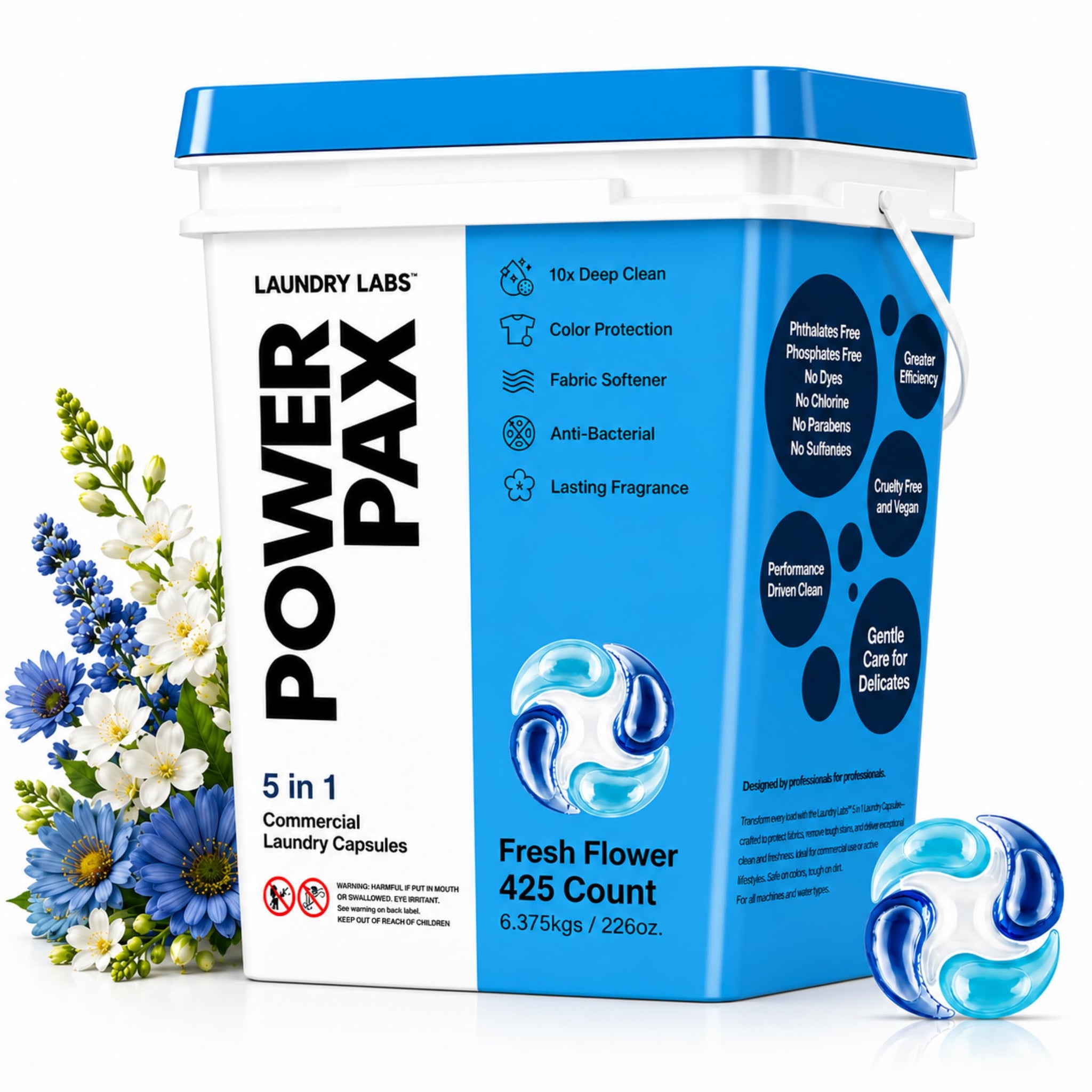 PowerPax 5-in-1 Laundry Detergent Pods - 425 Count, Washer Pods with Stain Remover, Odor Control, Fabric Softener & Color Care for Commercial Laundry